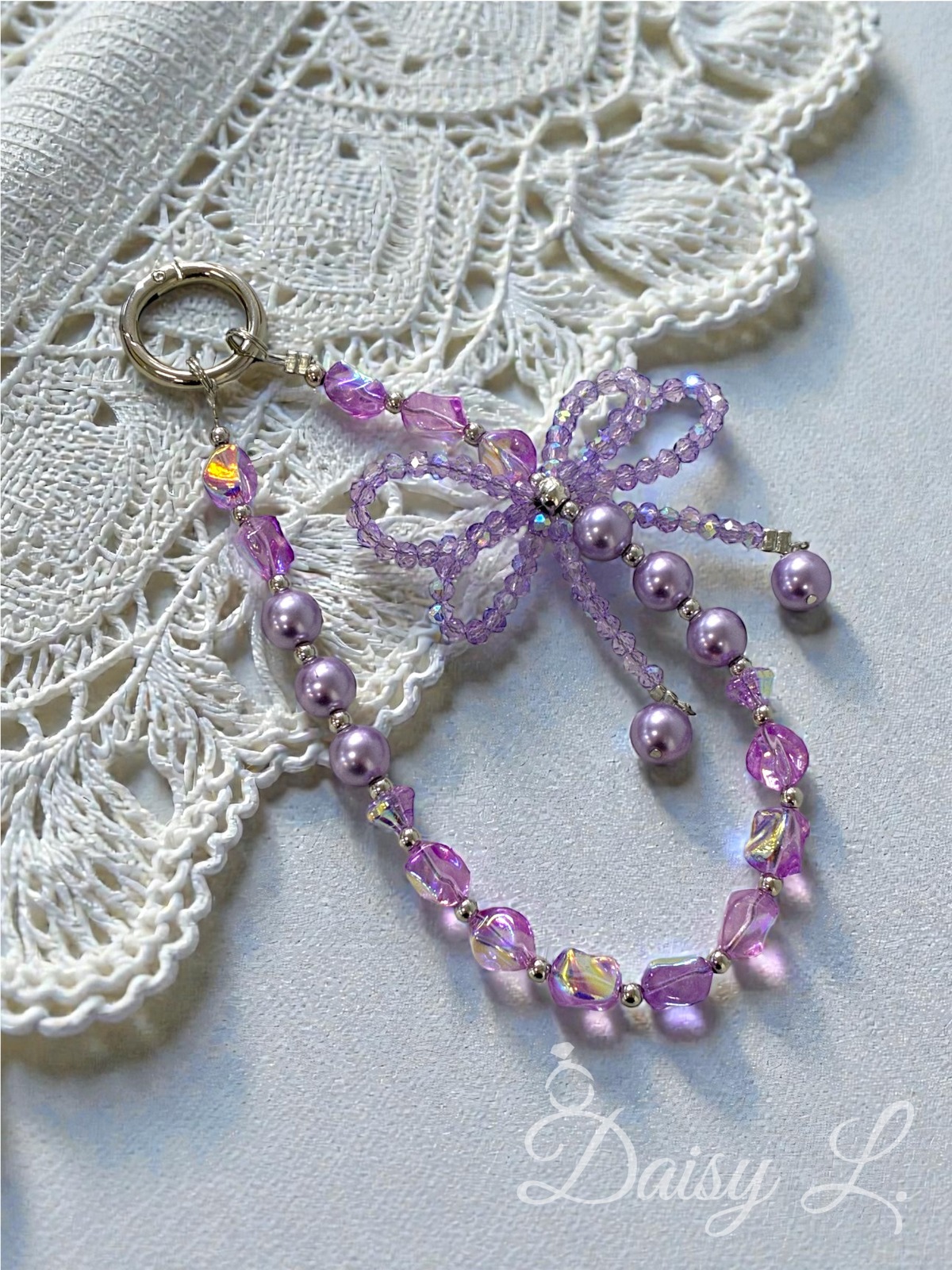 紫色水晶蝴蝶結手機掛繩