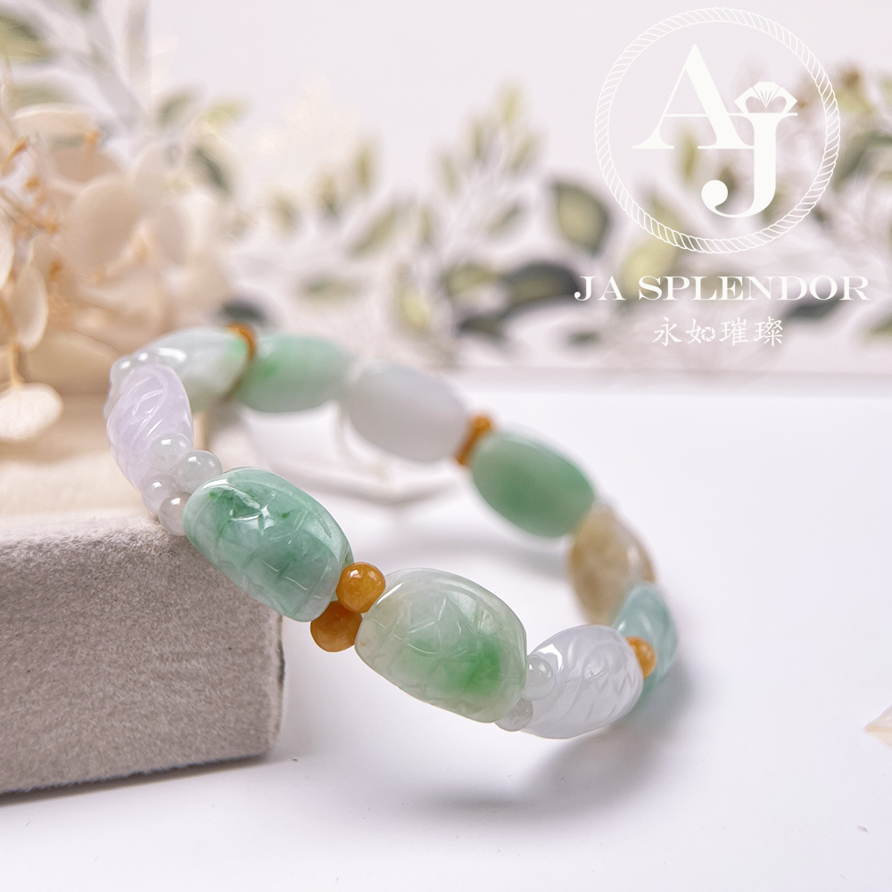 OF-06-B 天然翡翠A玉 - 冰潤三彩長壽吉祥龜貝手串