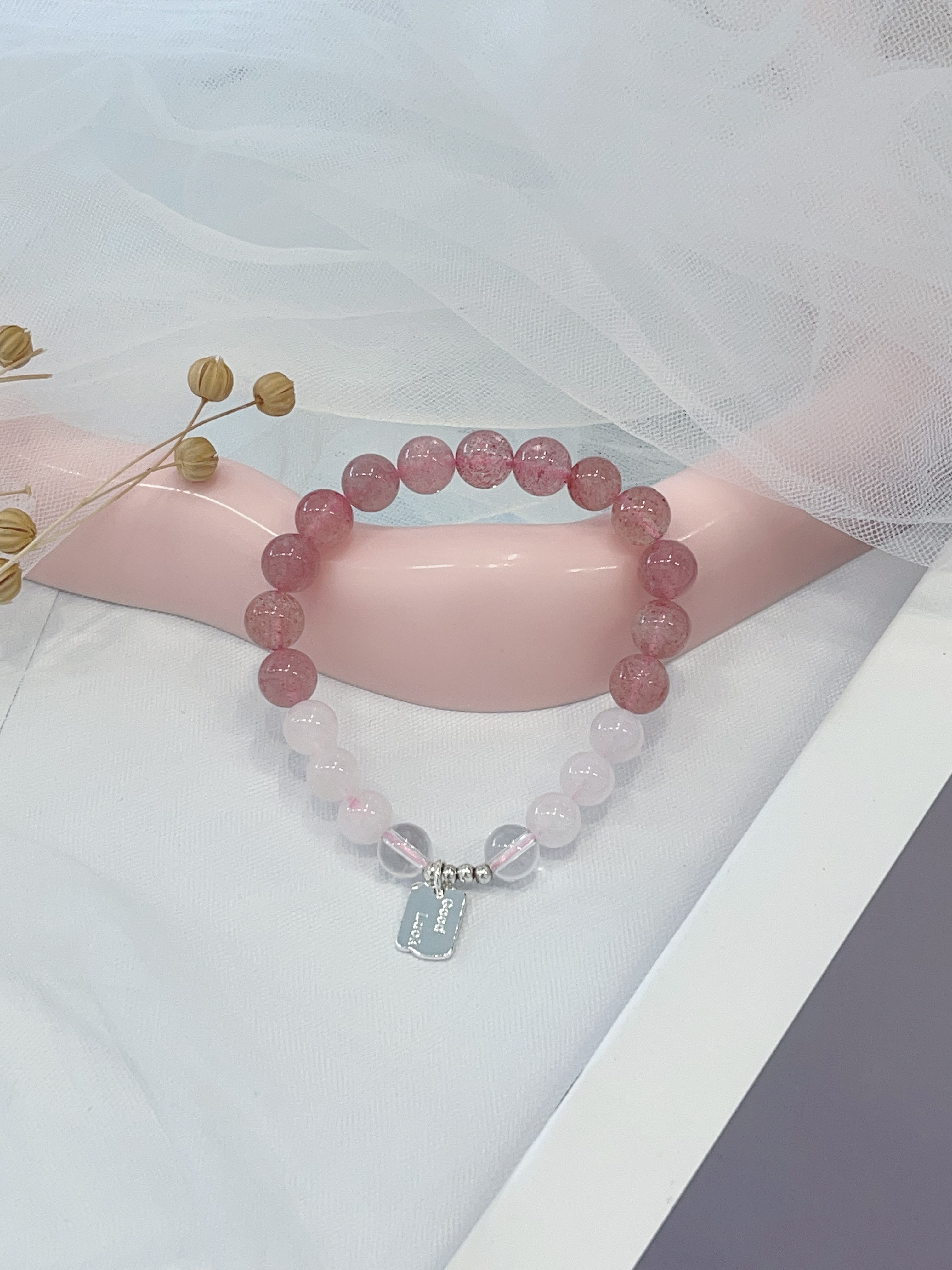 🍓 草莓晶 × 粉水晶手串 Strawberry & Rose Quartz｜9mm 对半款