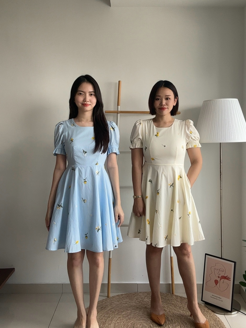 D2357 Puff Sleeve Floral Dress - Blue & Yellow