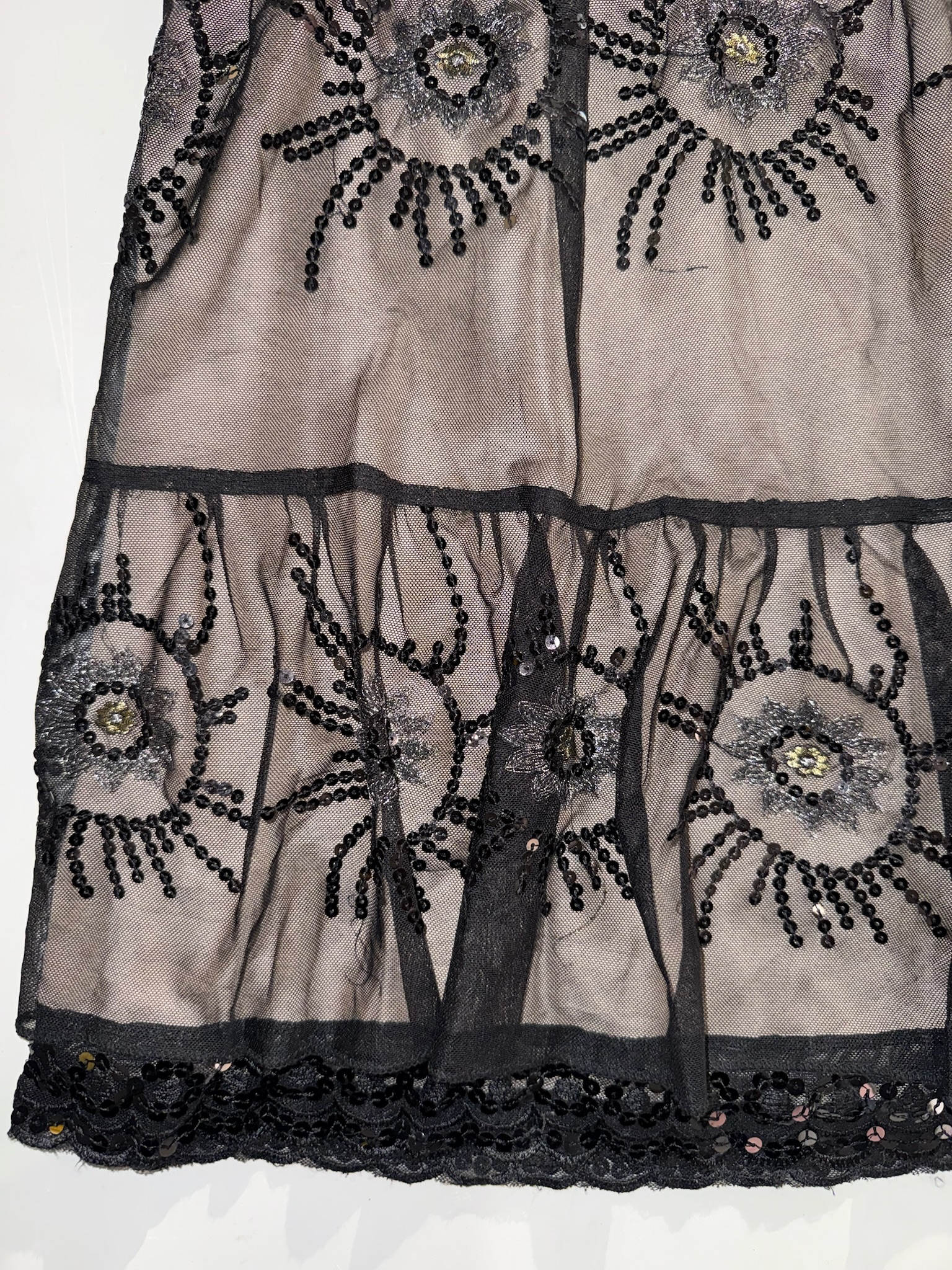 Black Sequin Sunburst Embroidered Tiered Mesh Skirt