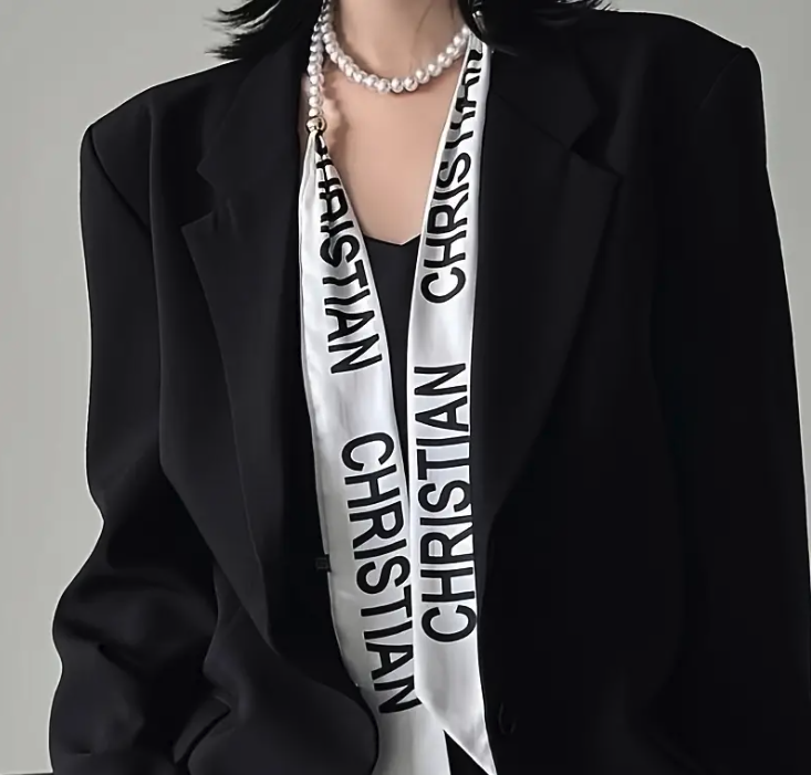 French Scarf with & Chain Accents - Blue & White Abstract