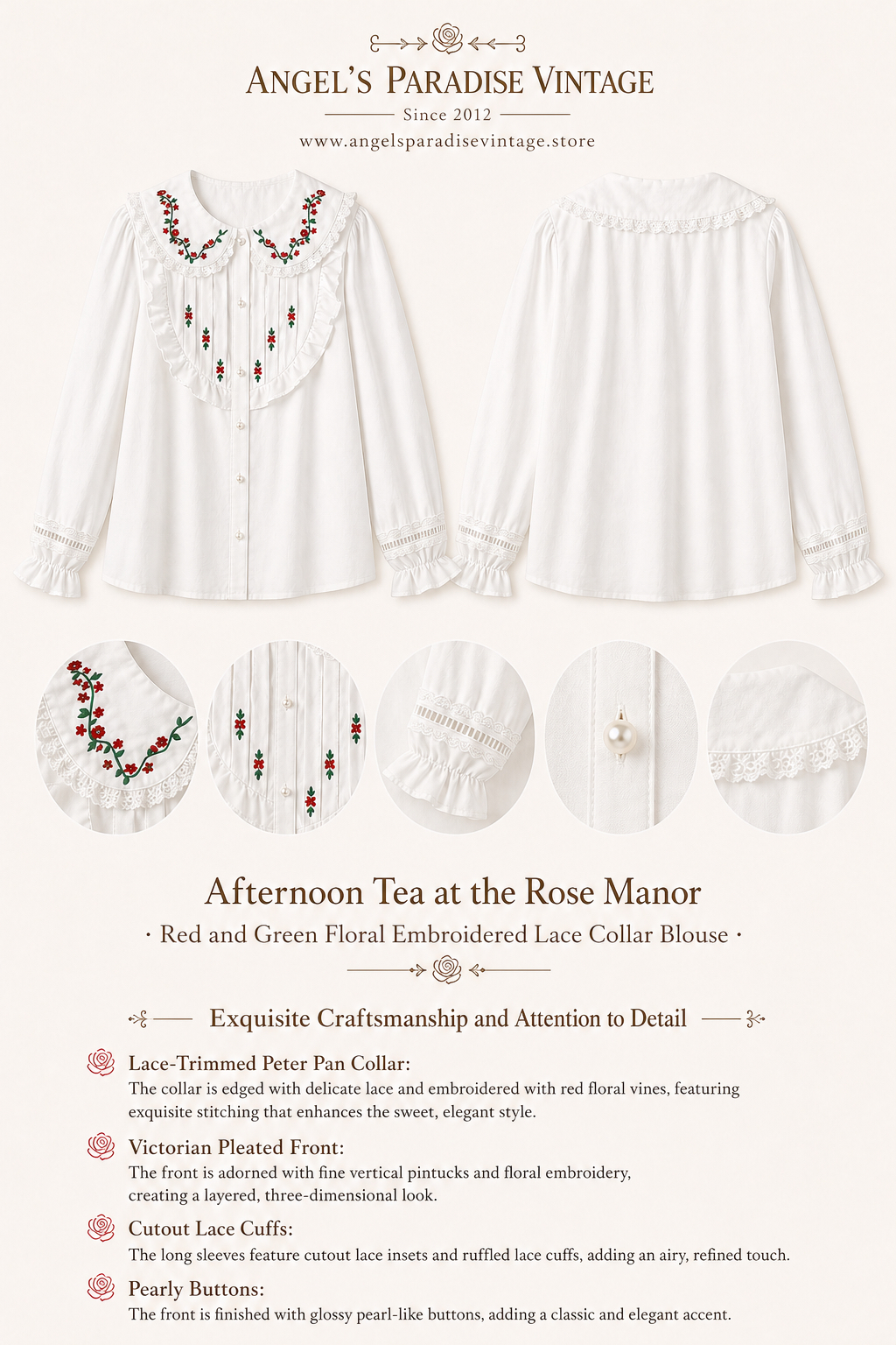 薔薇莊園的午茶時光 ∙ 紅綠小花刺繡蕾絲翻領襯衫 Afternoon Tea at the Rose Manor ∙ Red & Green Floral Embroidered Lace Collar Blouse