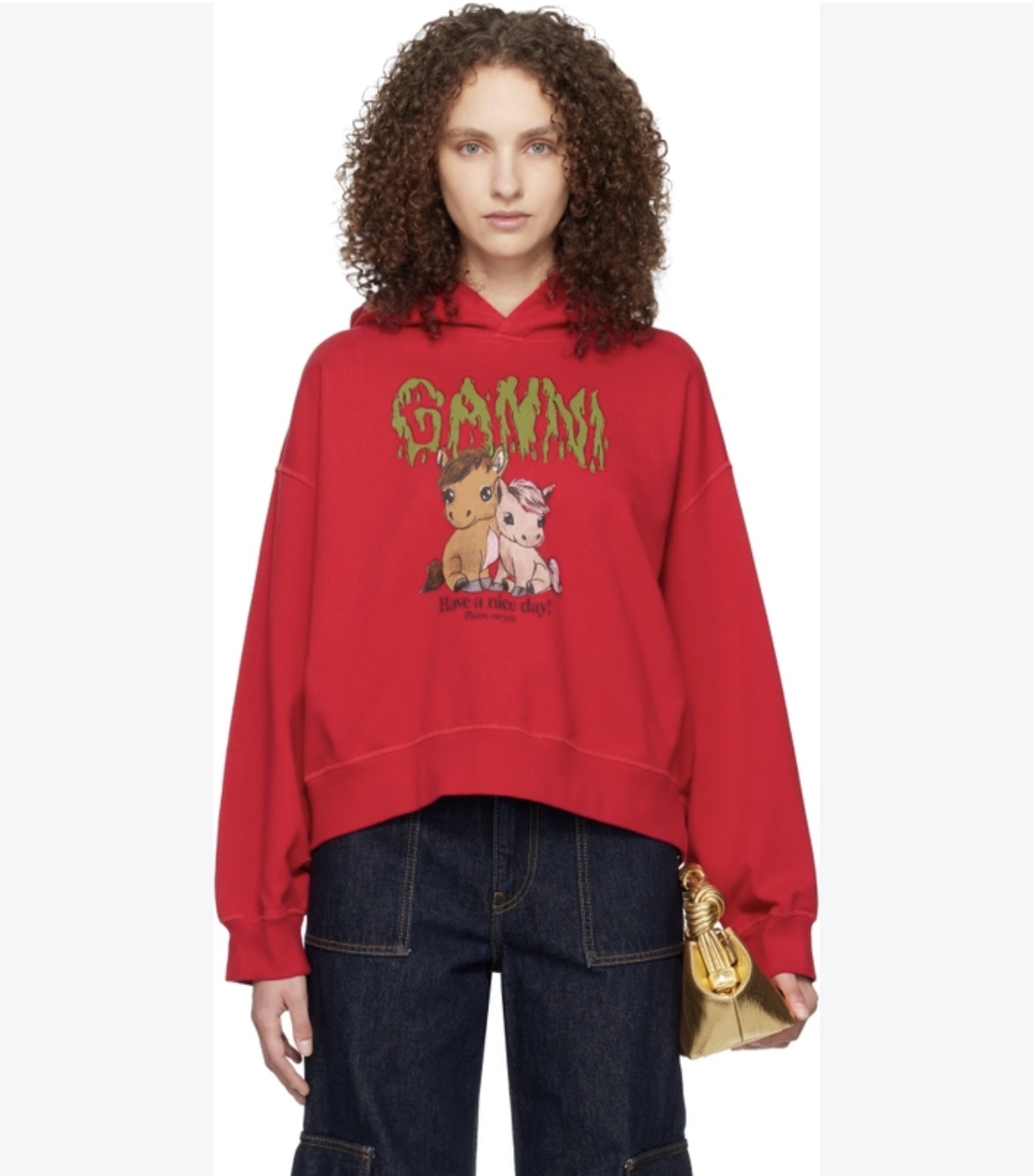 GANNI 紅色小馬圖案短款連帽衫
