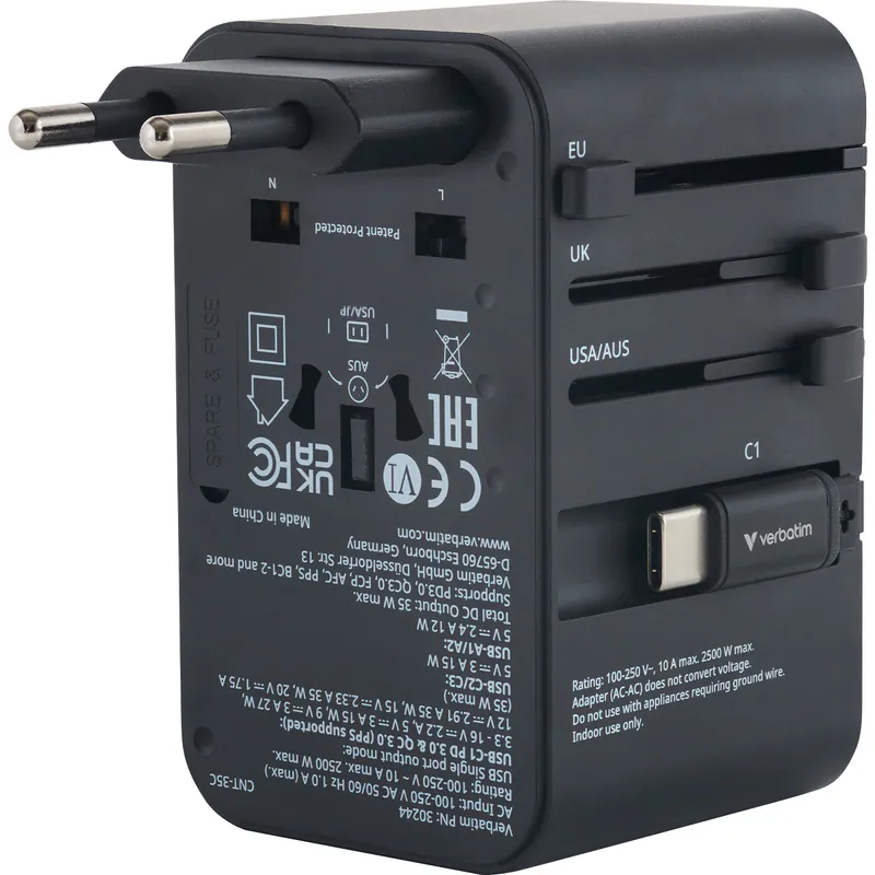 香港行貨 2年保養 威寶 Verbatim 35W 通用旅行轉插 旅行充電器 (附USB-C可伸縮充電線) 30244
