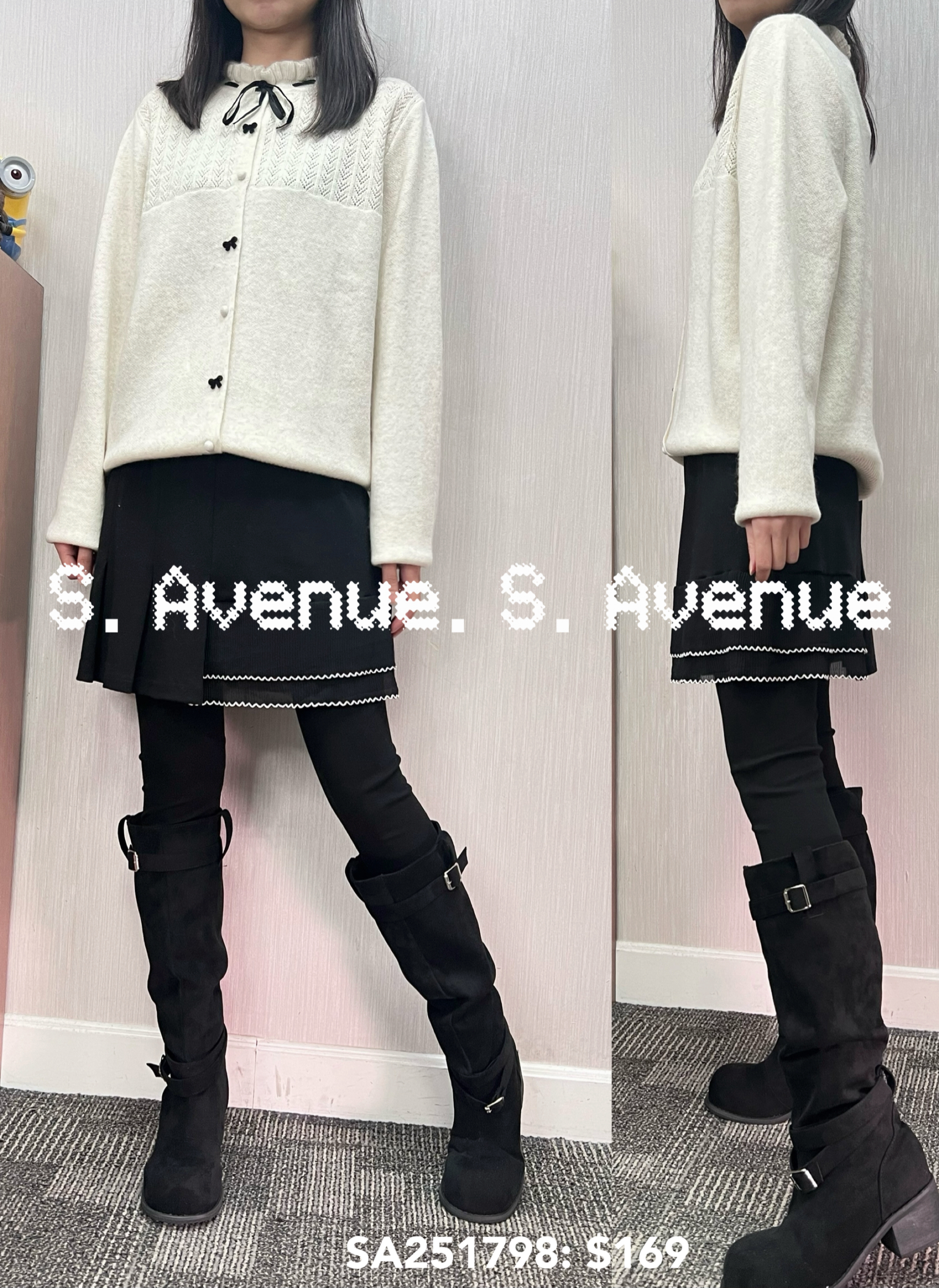 SA251798: 長袖兩著波浪邊領綁帶蝴蝶鈕top