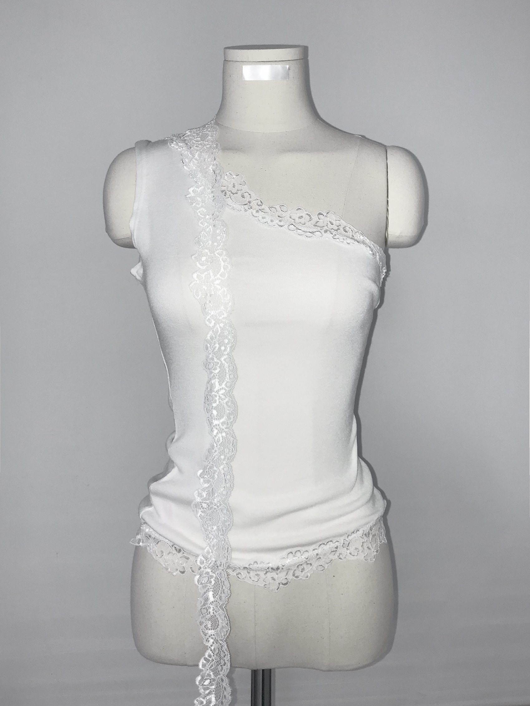 Asymmetrical One-Shoulder Lace Trim Top with Scarf