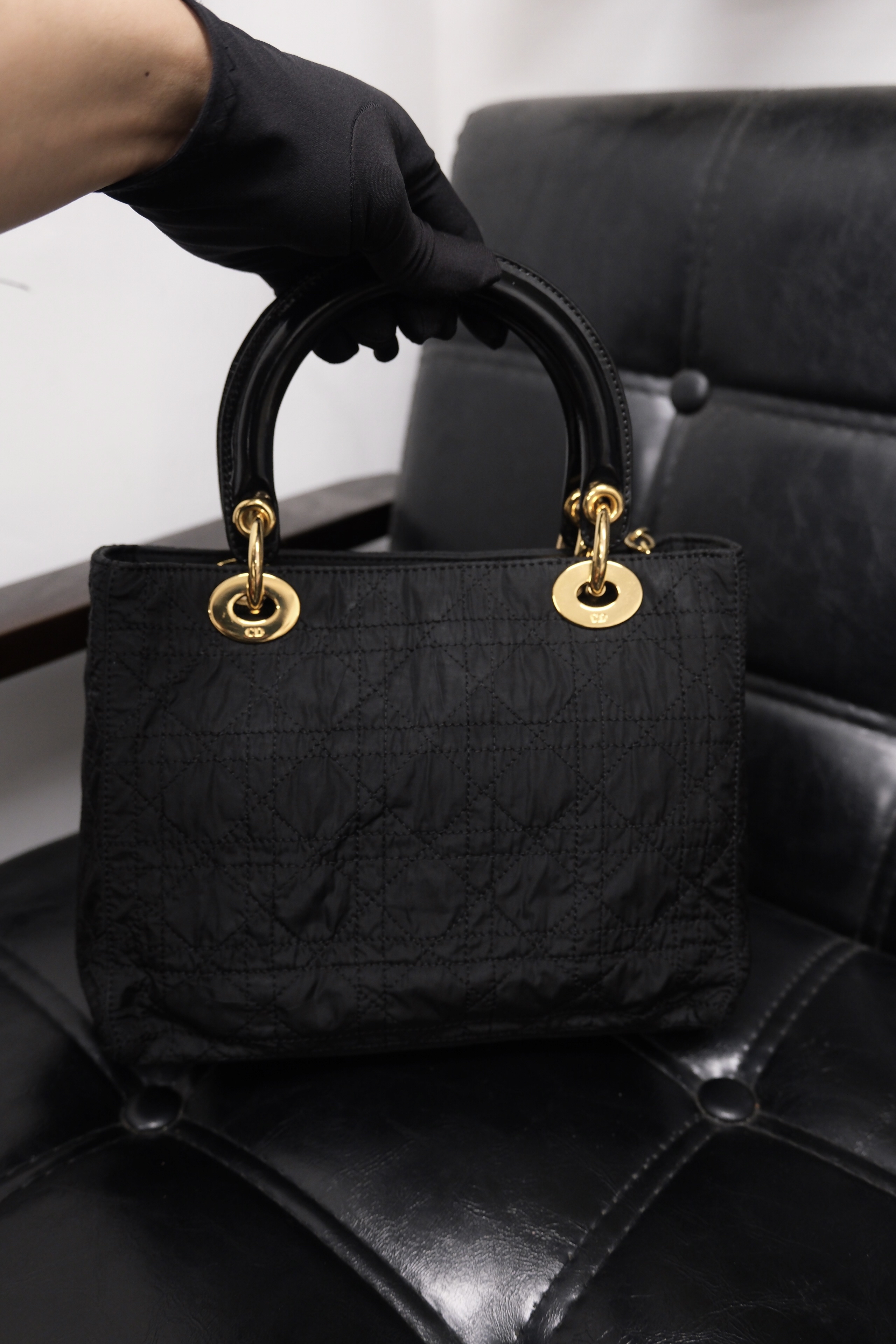 Dior Lady Dior Cannage Nylon Hand Bag Black Gold