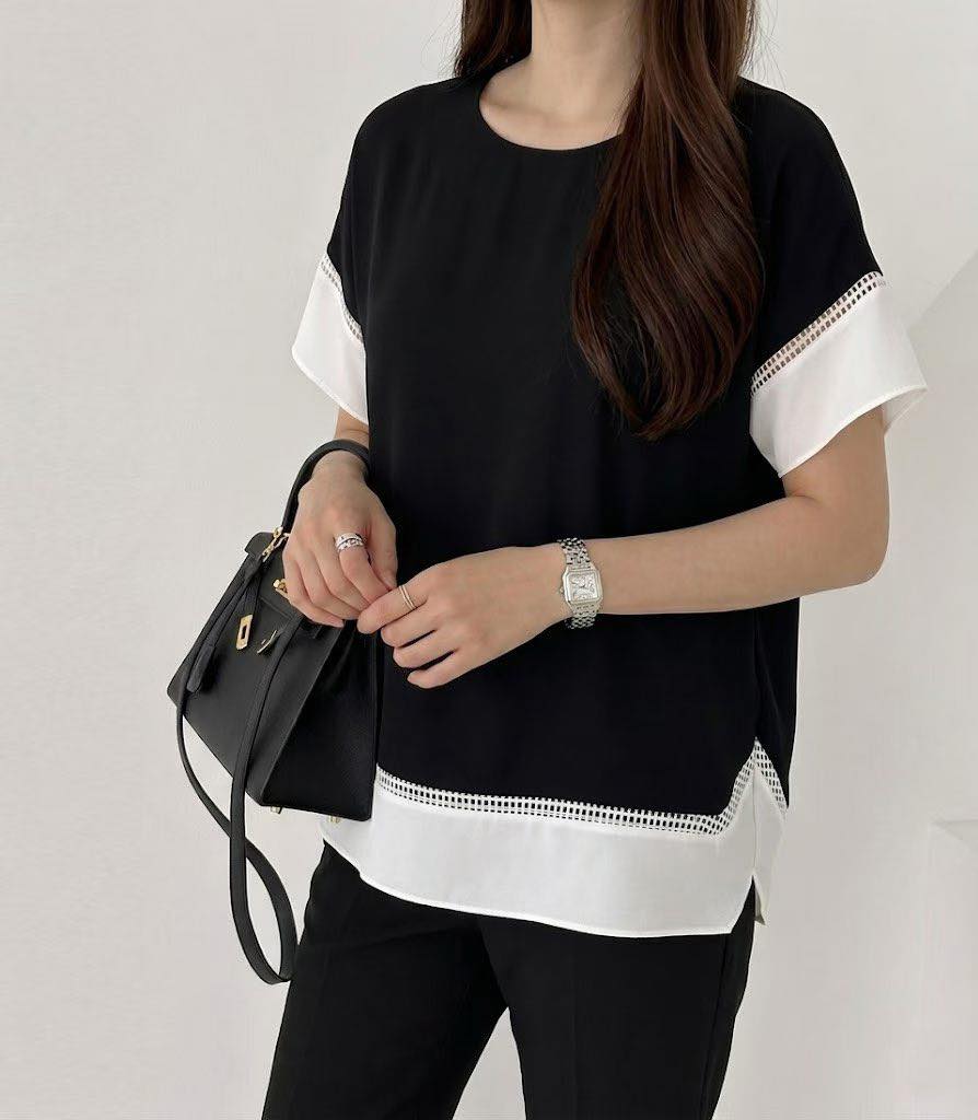 法式簡約鏤空拼接上衣