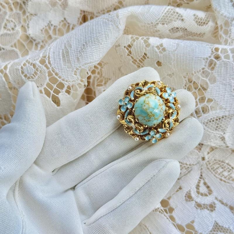 Vintage Mid-Century European Faux Turquoise Mountain Shape 3D Domed Brooch(MW242)
