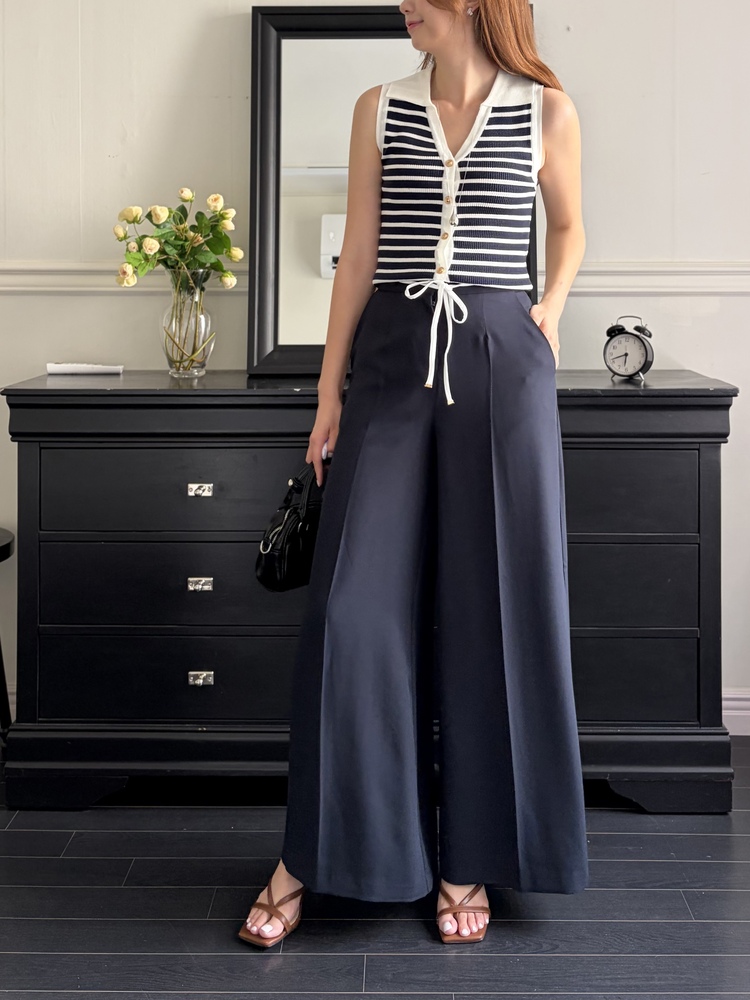 [超涼!!] Contrast Belt Wide Leg Slacks (Navy)