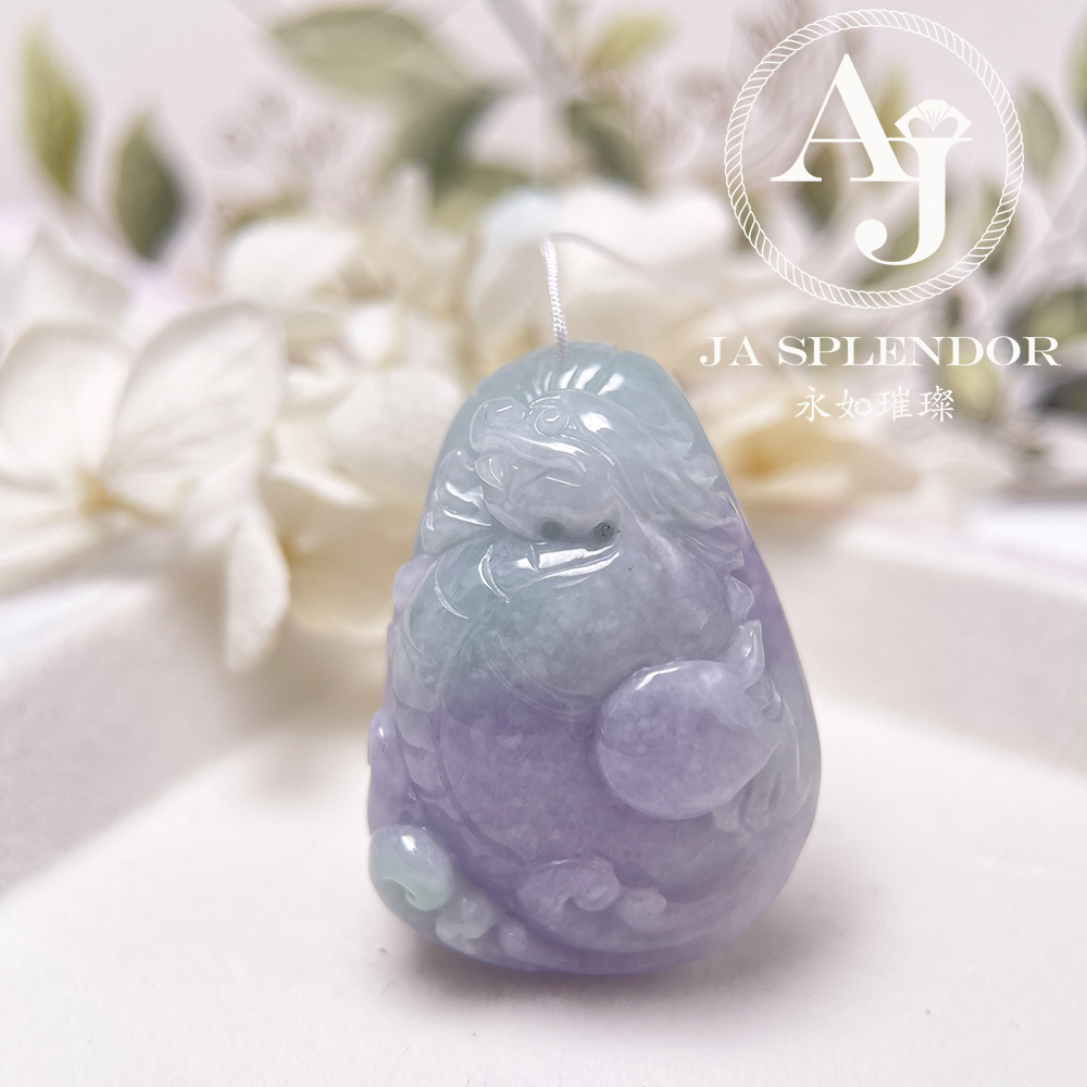 JN-3366 天然翡翠A玉 大師級鏤空精雕俏色春彩雙魚福壽映荷吊墜