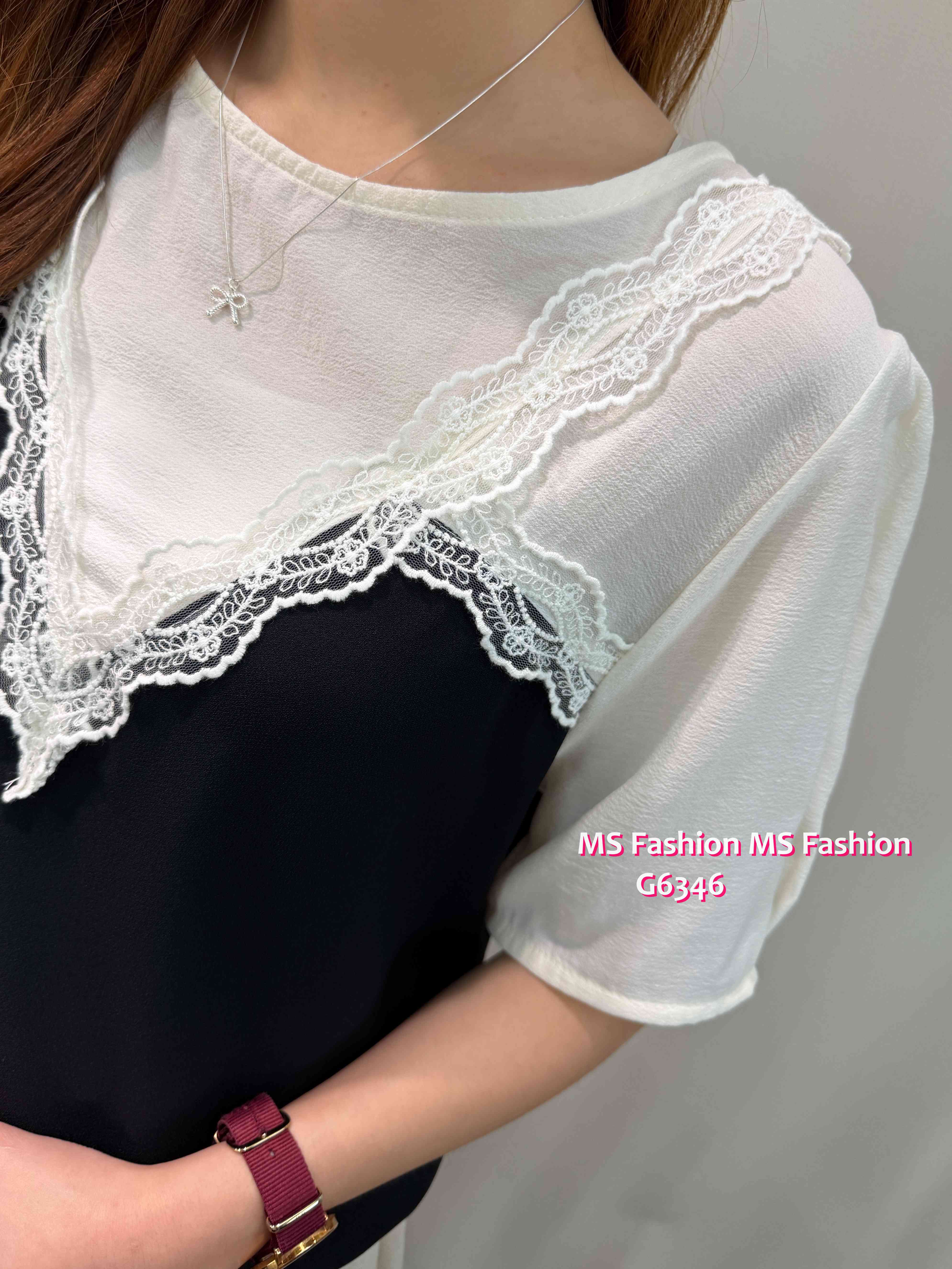 G6346 靚料拼色V lace top