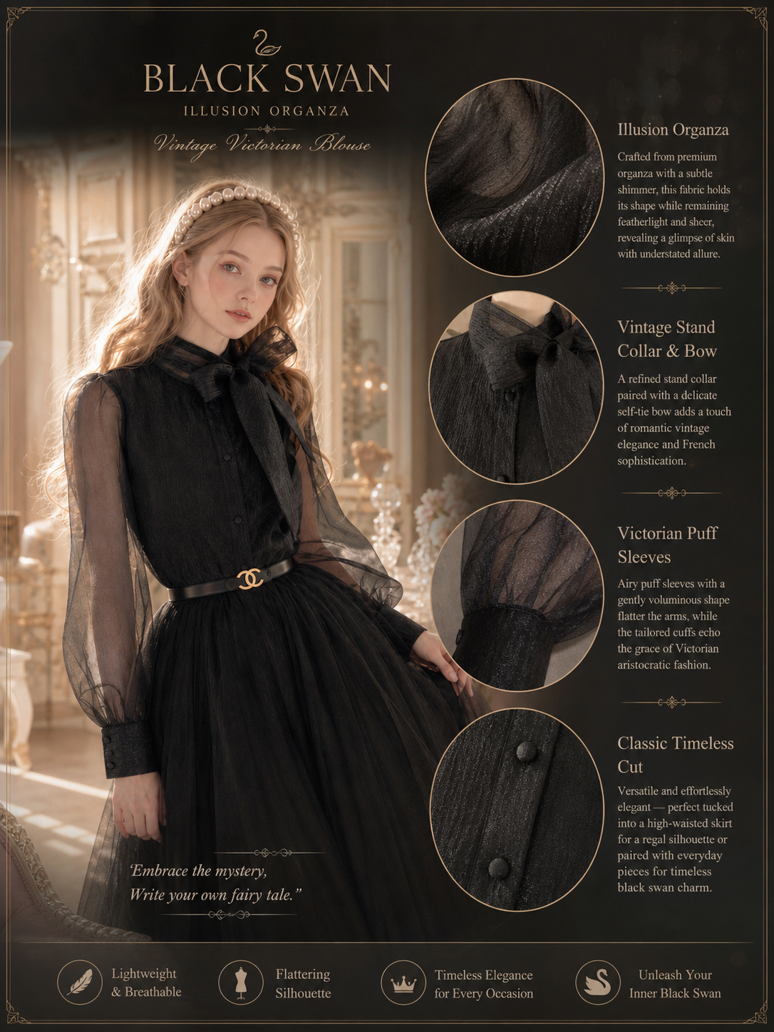 暗夜黑天鵝 ∙ 幻影柯根紗復古維多利亞上衣 Midnight Black Swan ∙ Illusion Organza Vintage Victorian Blouse