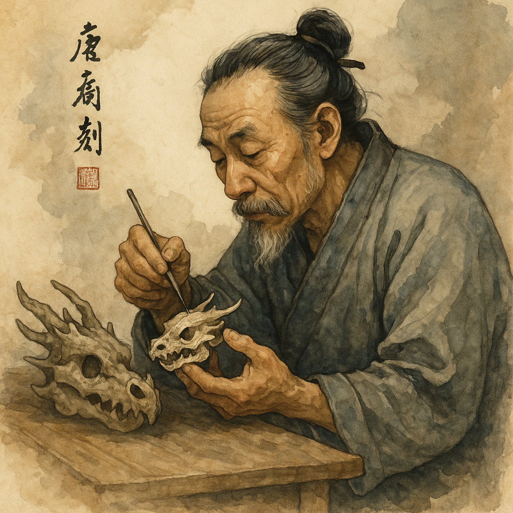 Chinese painting of an artist carving a dragon skull.