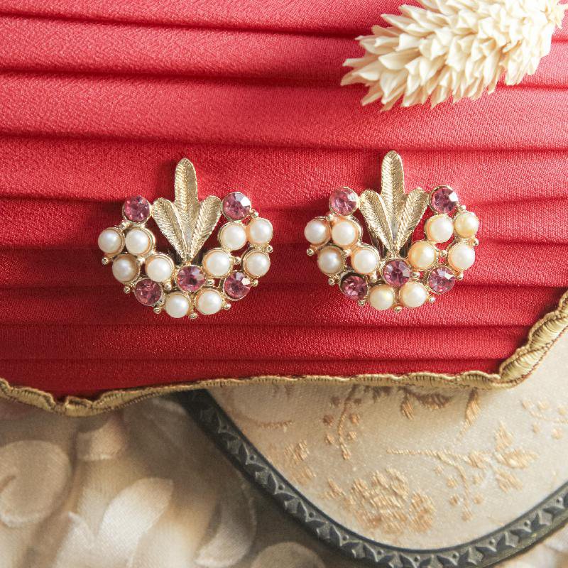 1950s Pink Stone and Faux Pearl Statement Clip Earrings(EA1451)