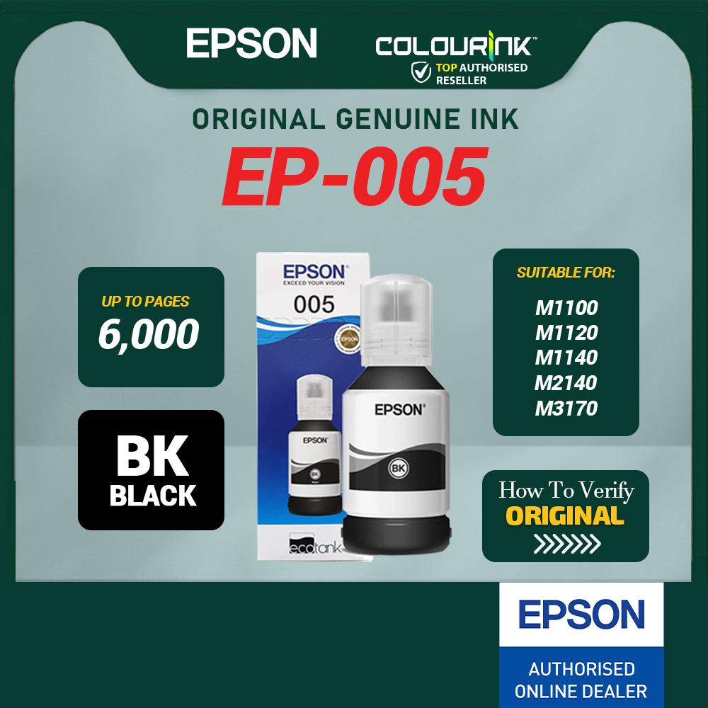 Epson Original Genuine 005s (2K) 005 (6K) Refill Ink Bottle Pigment Black EcoTank M1100 M1120 M1140 M2140 M3170