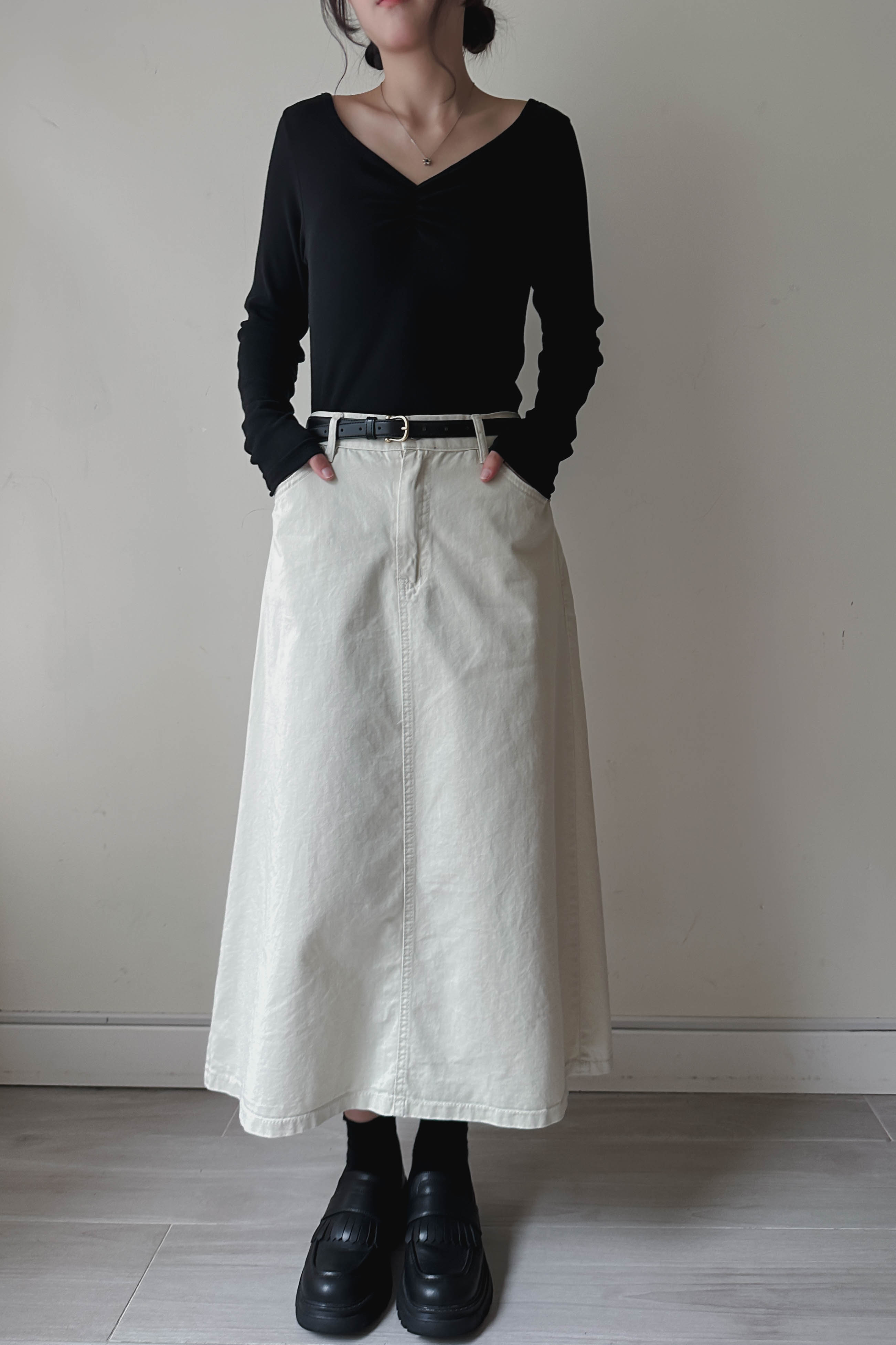 修臀軟身牛仔A字中長裙 (兩色入)