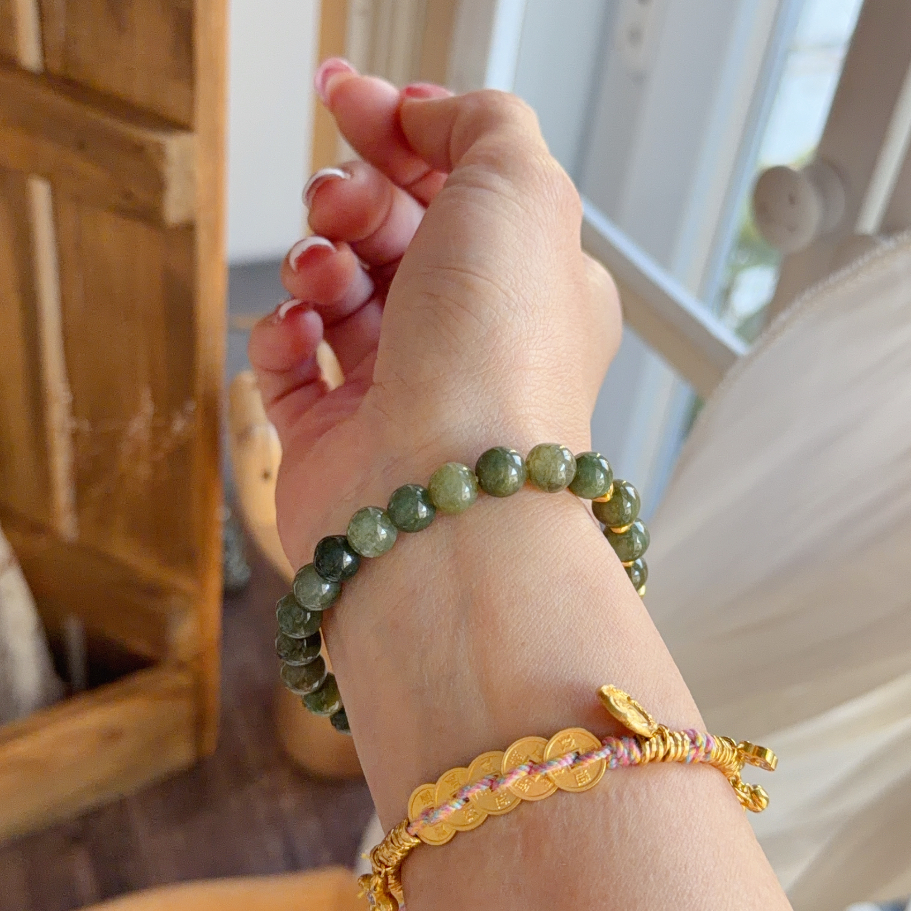 999硬金福字襯7mm+油青色翡翠珠手串