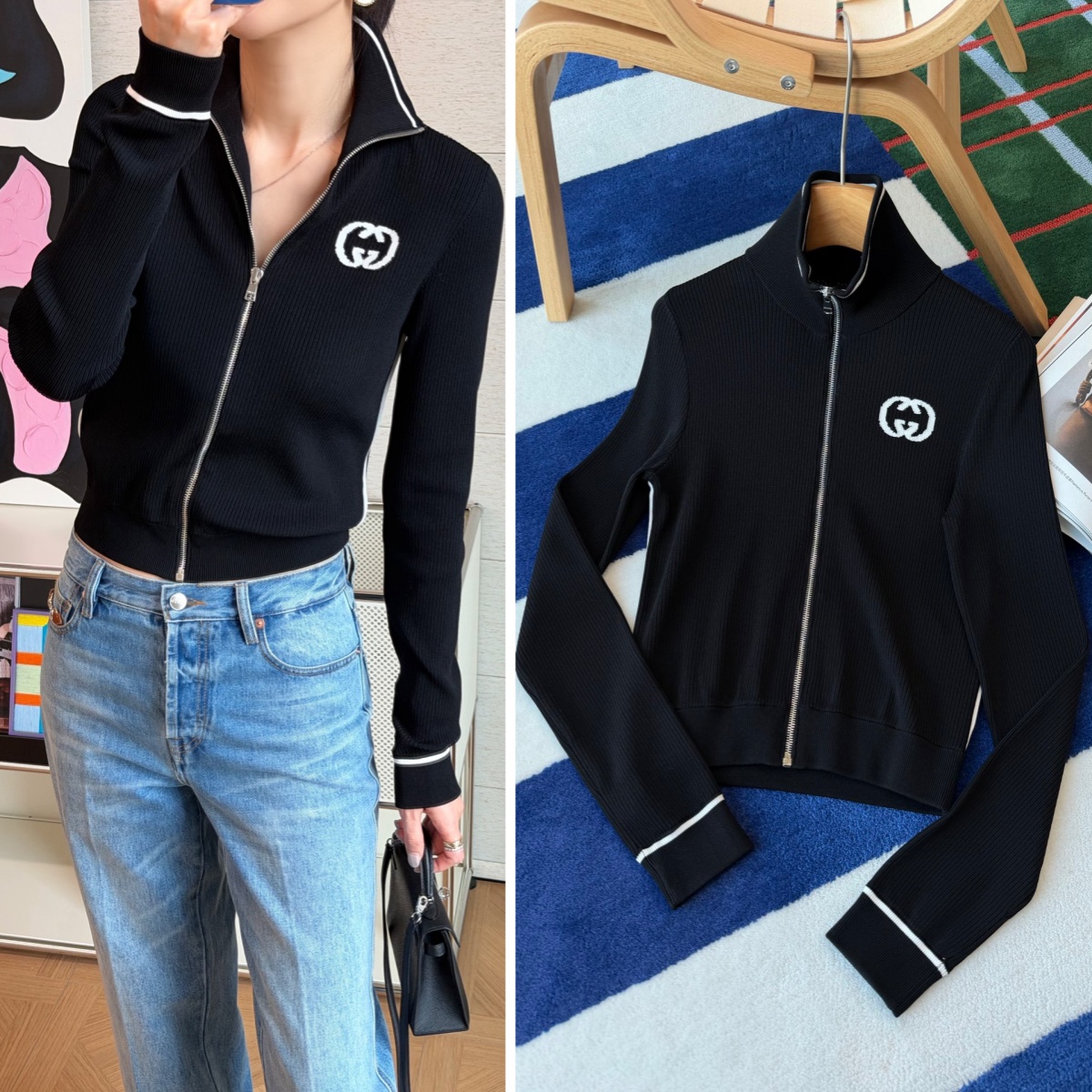 GUCCI Ribbed Zip Jacket With Intarsia 羅紋拉鍊外套