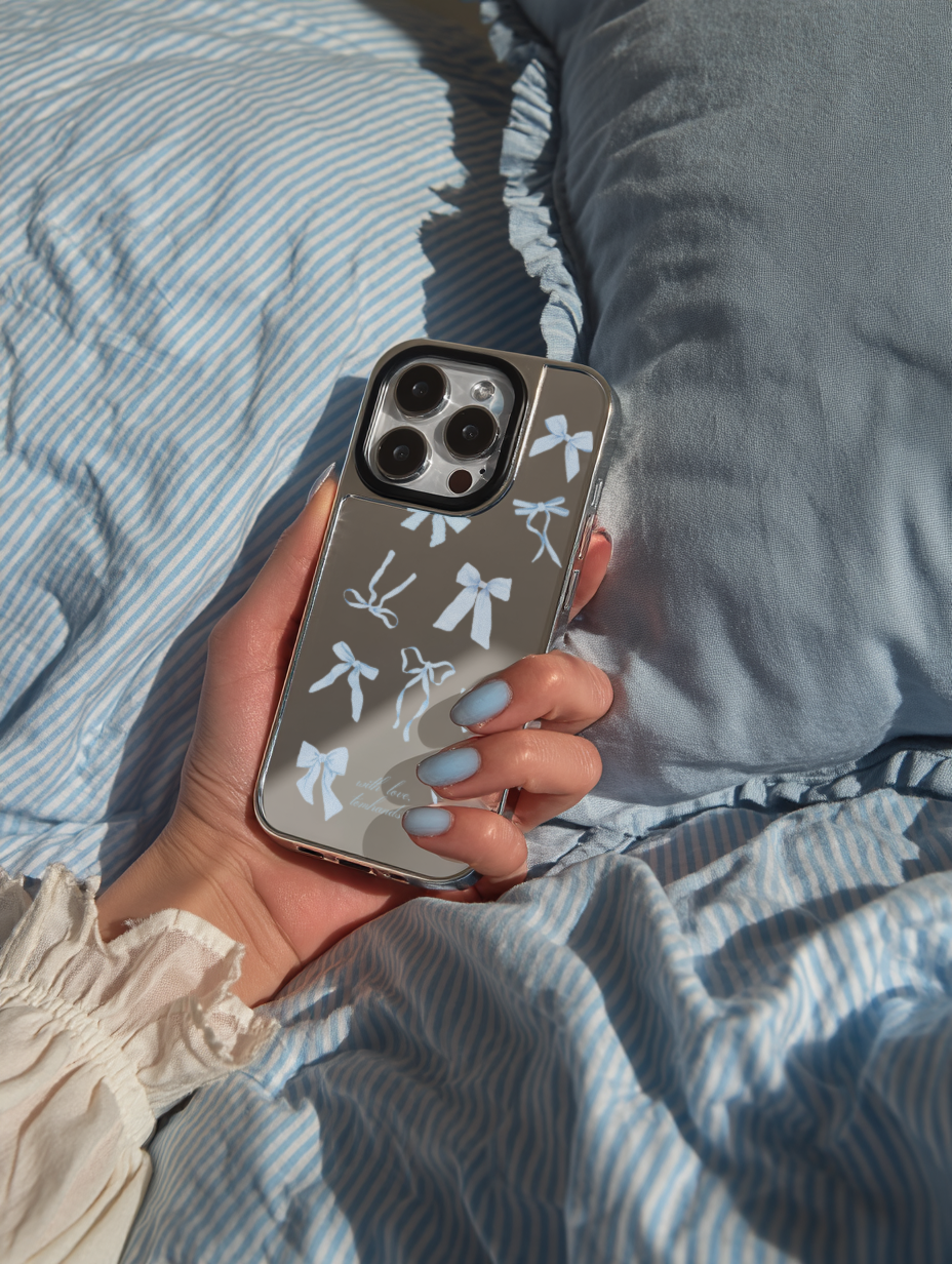 【The French Candy Floss Ribbons*BLUE*】銀框鏡面MagSafe iPhone Case