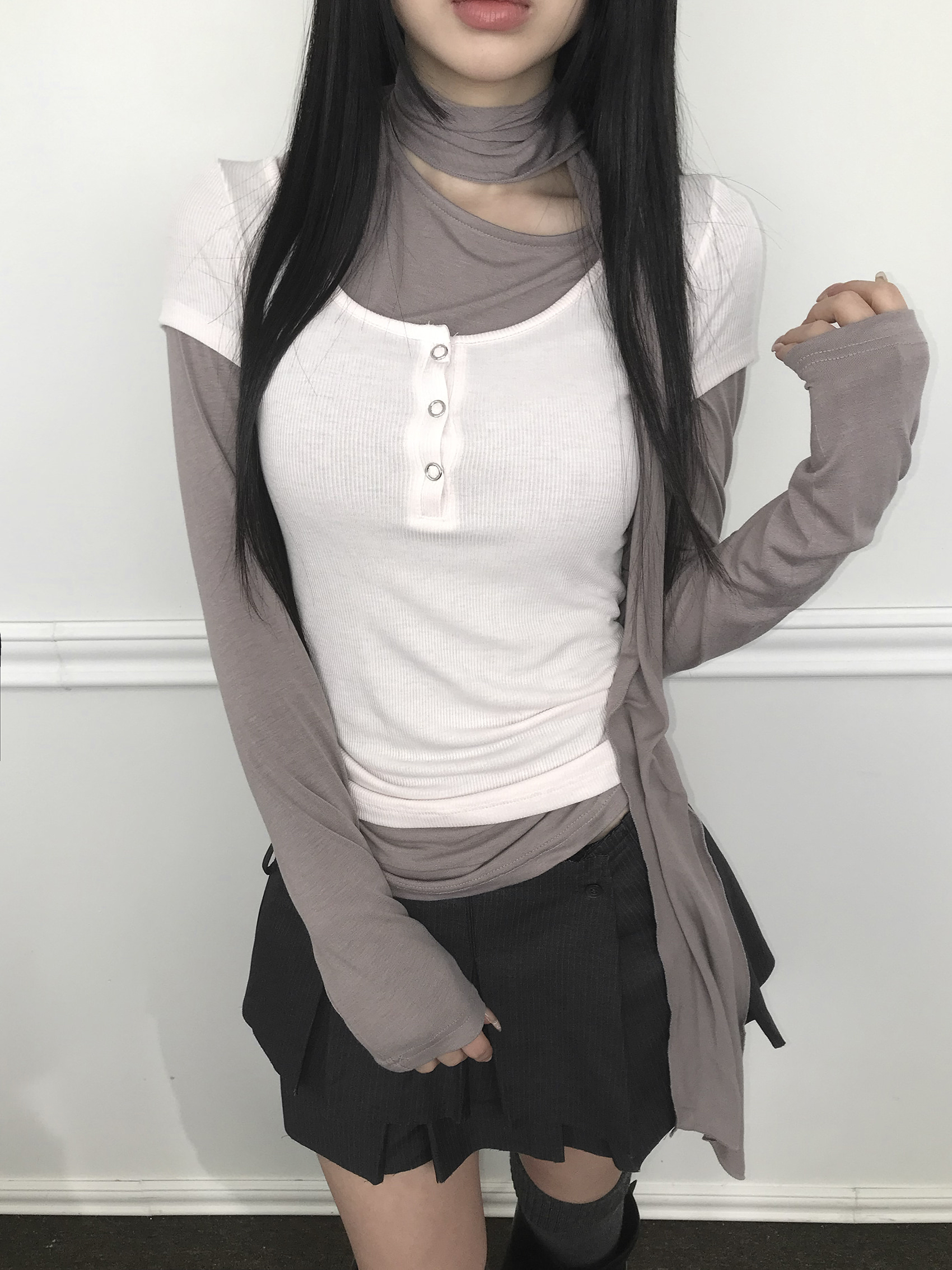 Ruched Button Long Sleeve with Scarf Tie