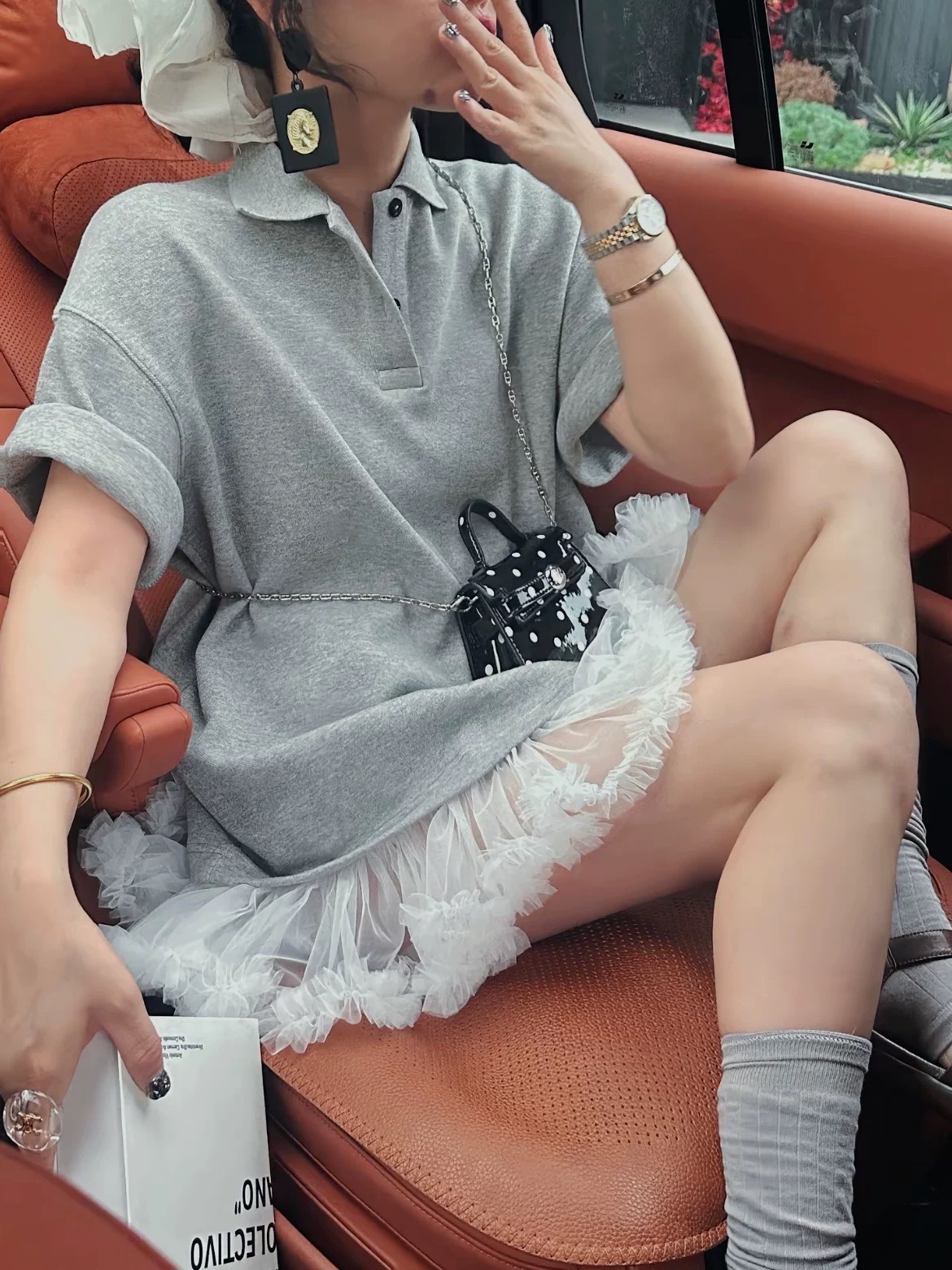 POLO领假两件蕾丝拼接短袖｜CN02370321GREY