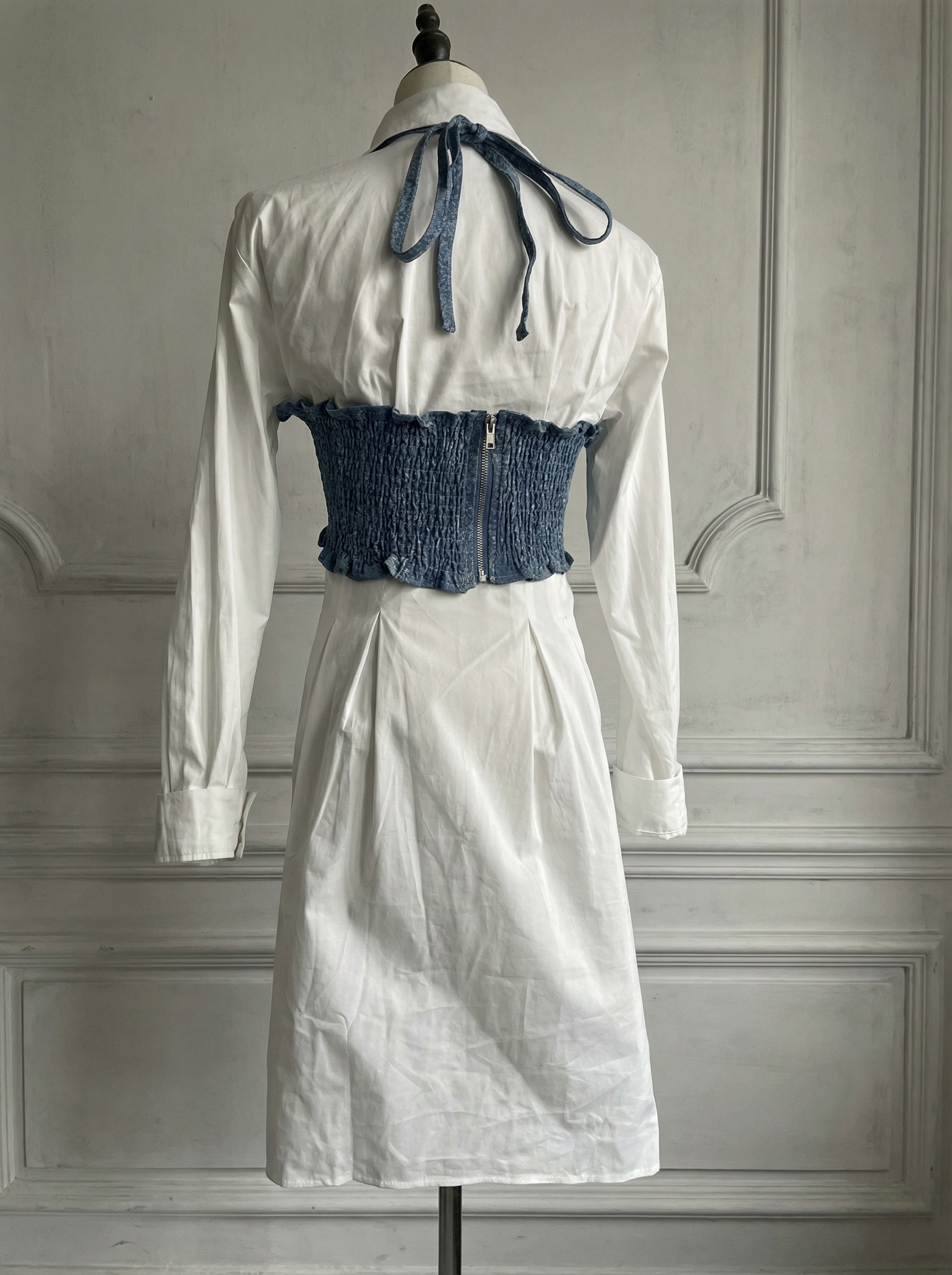 拼接牛仔抹胸長袖襯衫連衣裙