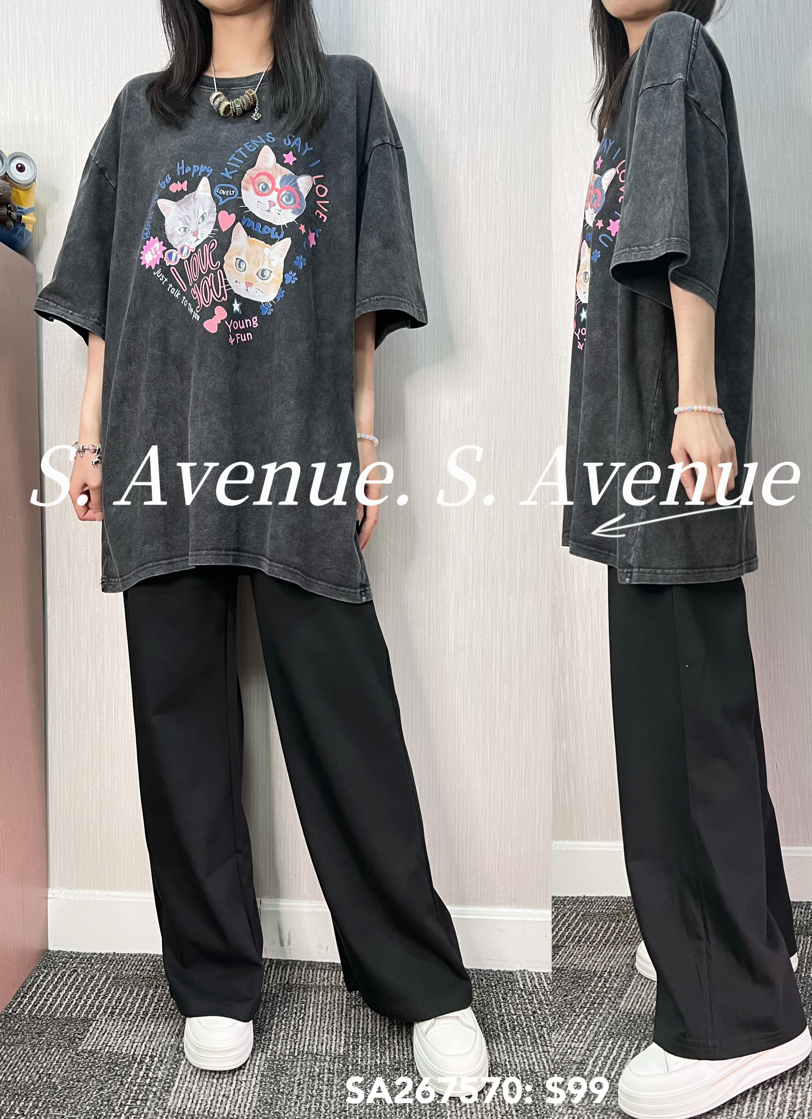 SA257670: 短袖印貓貓長身tee