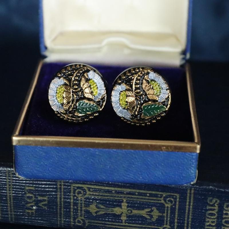 Antique Early 20th Century Czechoslovakian Embossed Floral Pattern Glass Button Remade into Clip Earrings(MY1620)