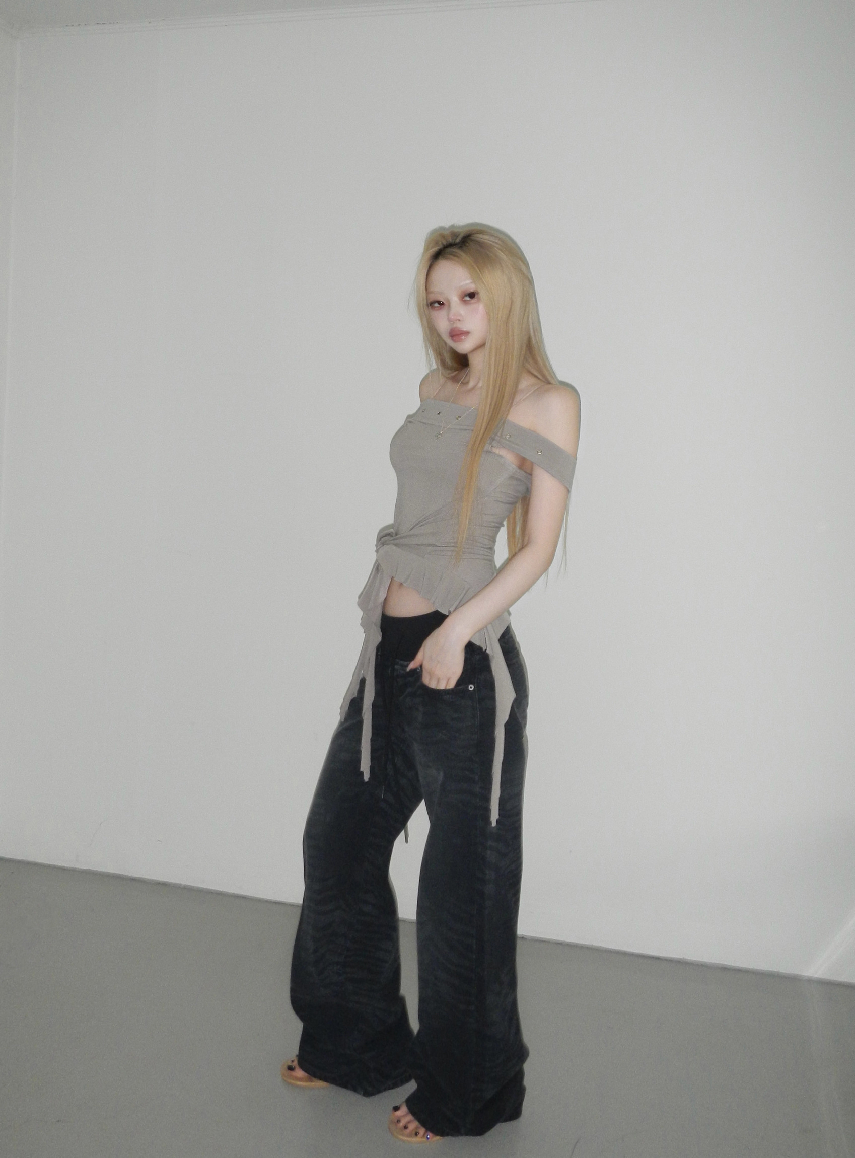 Off-Shoulder Grommet Ruffle Top