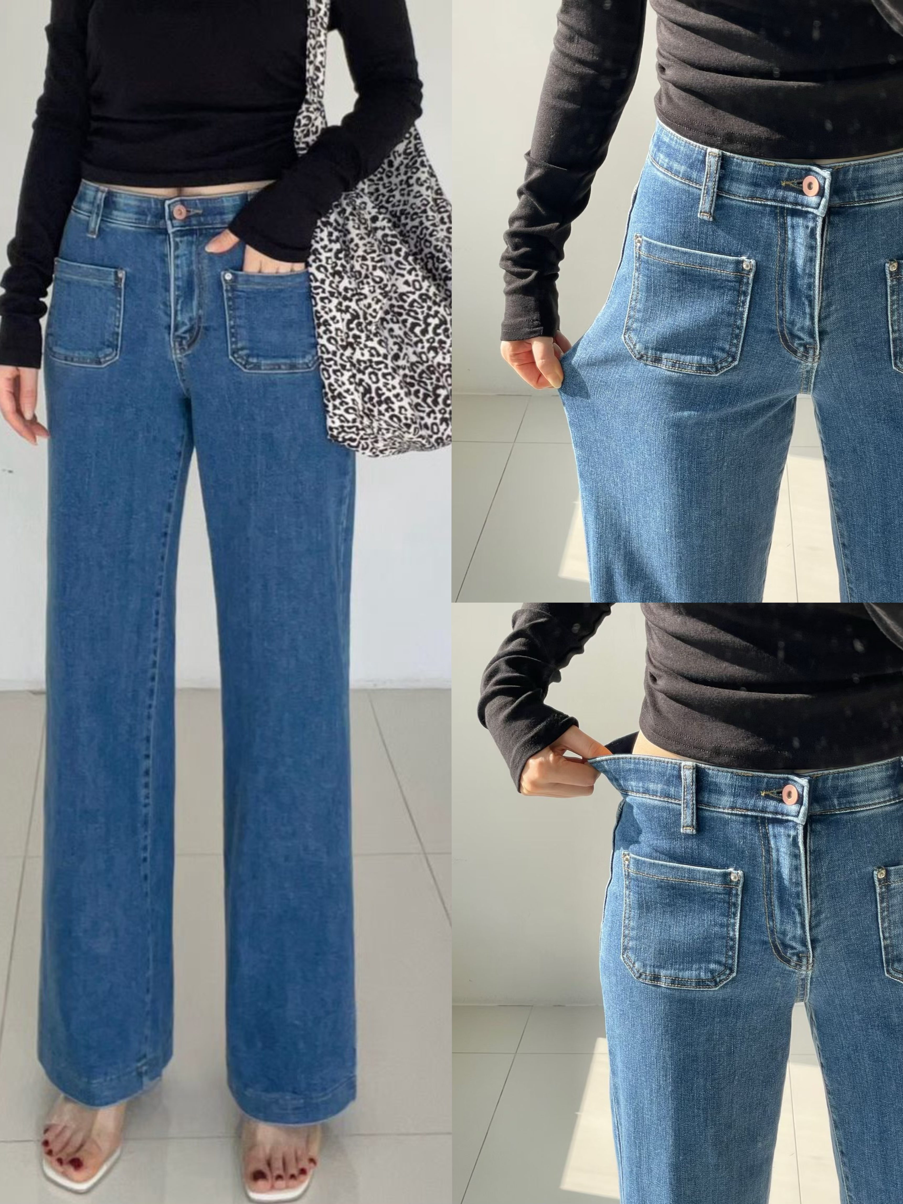 前口袋藍色直腳牛仔褲