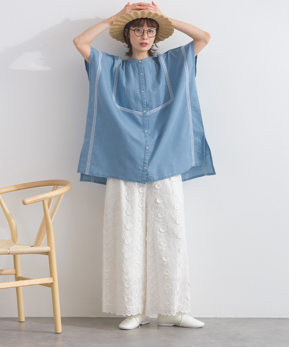 LP - 前片褶皺牛仔布襯衫 (藍色)