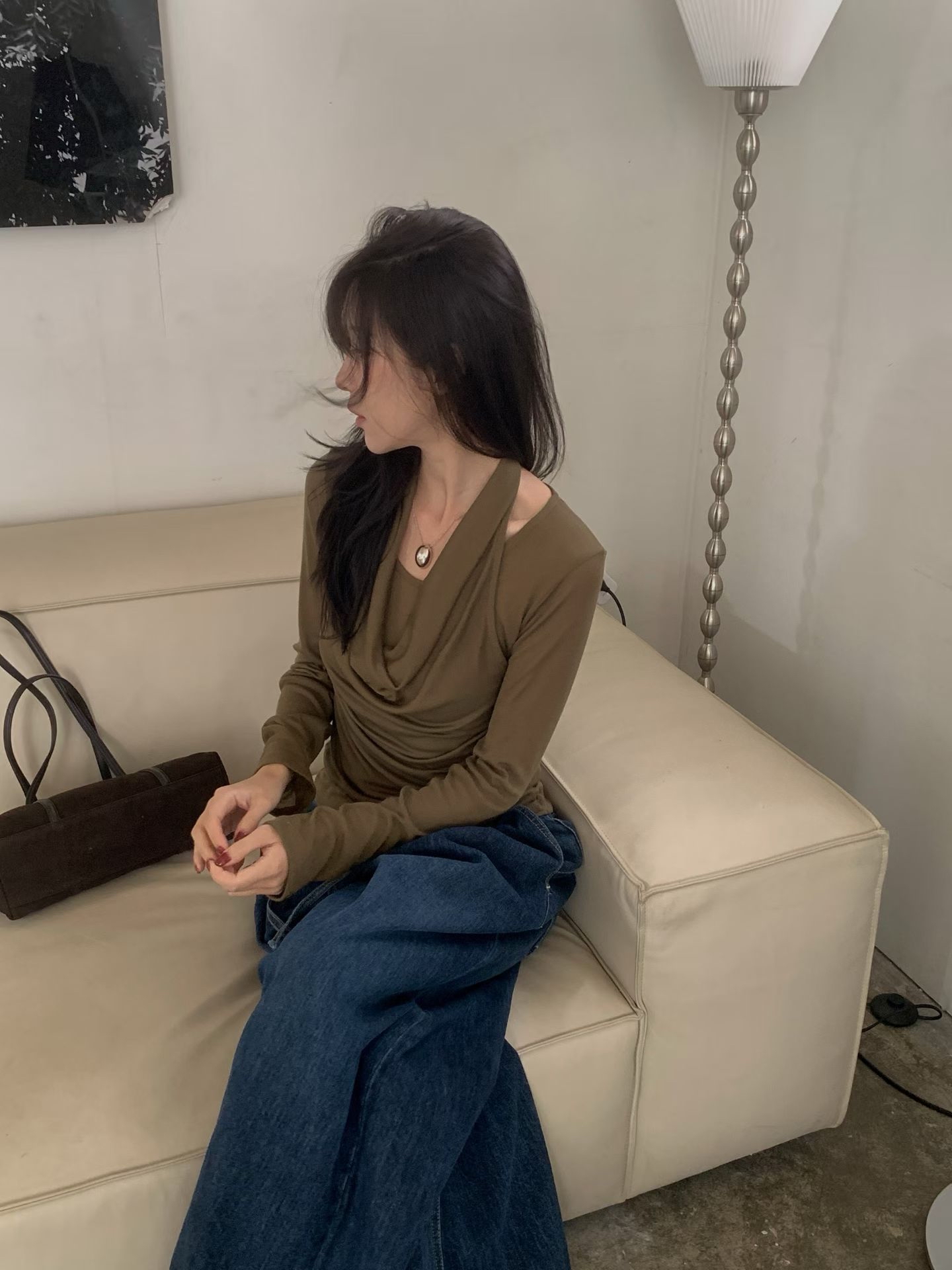 WJ3 垂墜褶皺掛頸透肌長袖上衣
