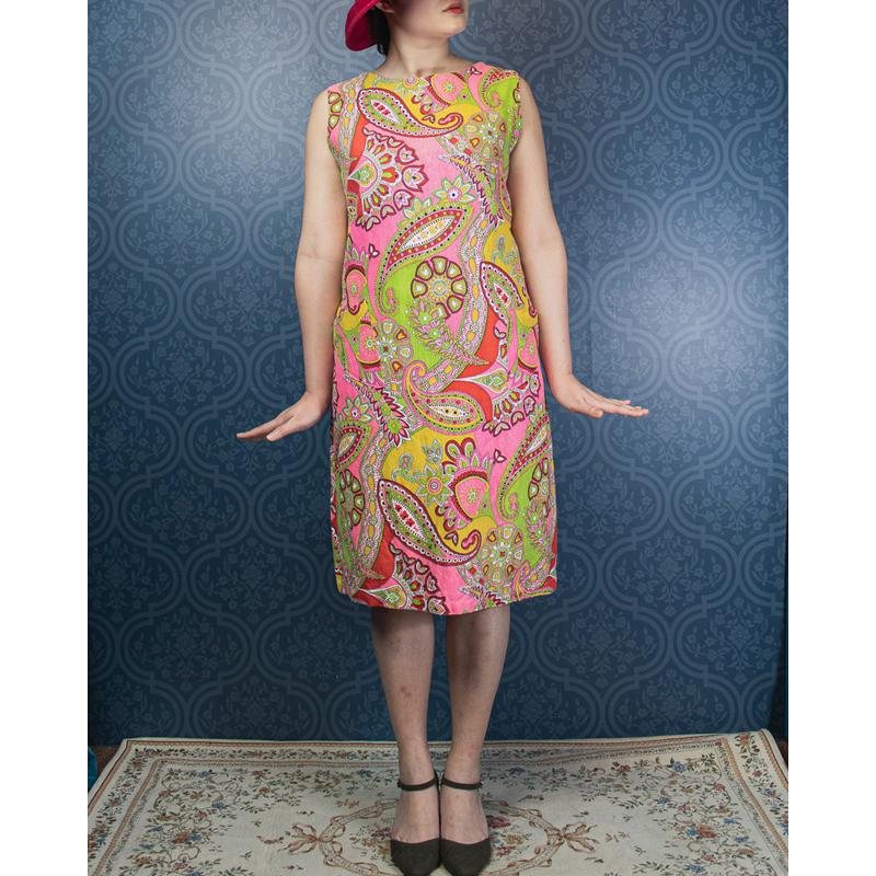 Vintage C.a. 1960s Paisley Pattern MOD Summer Dress - Size L (MU105-46)