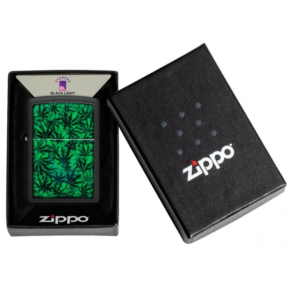 Zippo 48736 黑光發光打火機 – 黑啞光隱藏葉設計 Black Light Glow Lighter – Black Matte Hidden Leaf Design