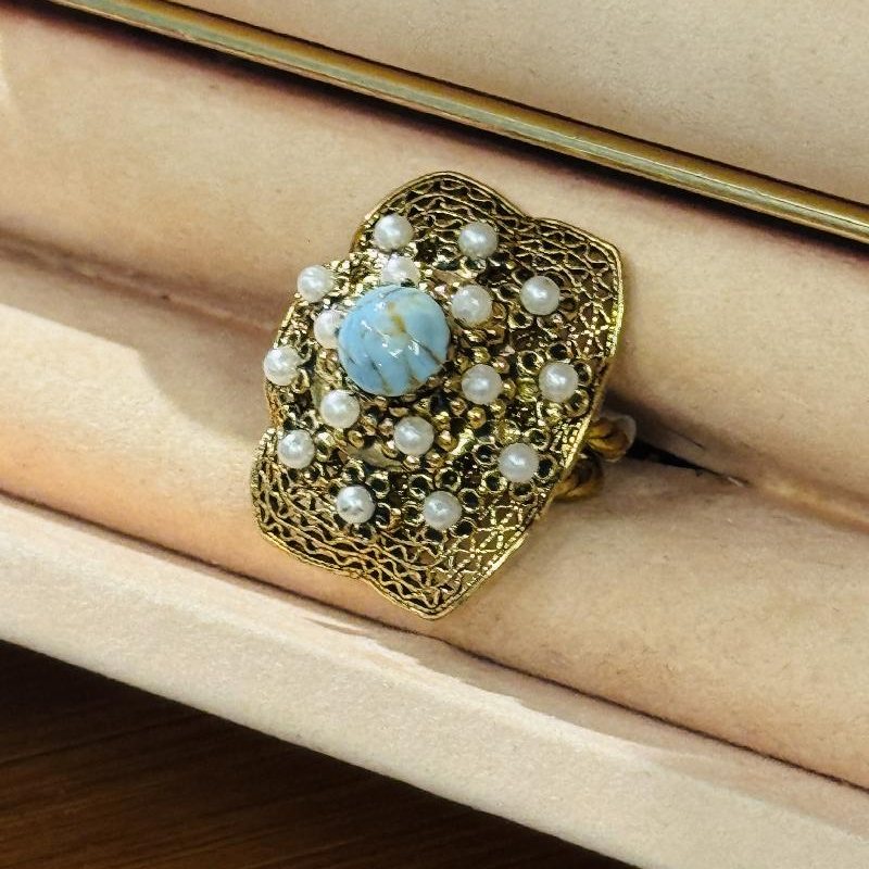 c.a. 1960s German New Old Stock Light Blue Glass Pearl Bead Ring - Adjustable size (C015)