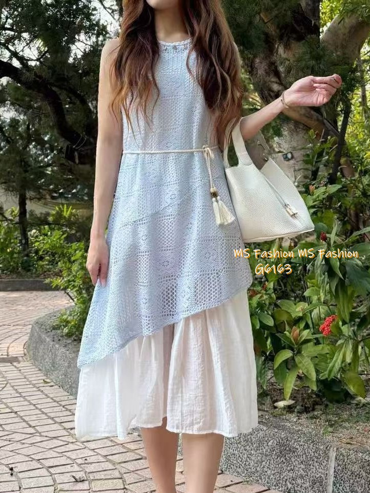 G6163 韓國🇰🇷假兩件通花背心連身裙