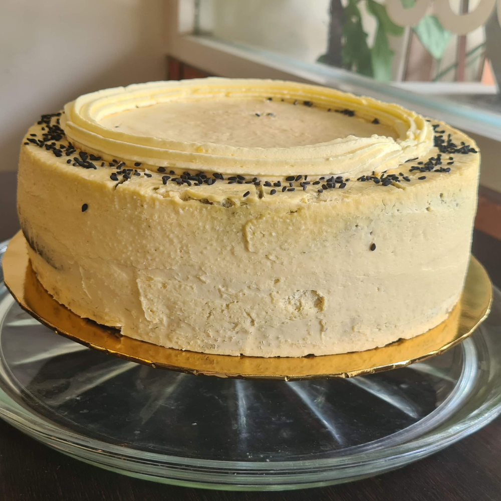 Keto Black Sesame Cake with Matcha Cheese Frosting