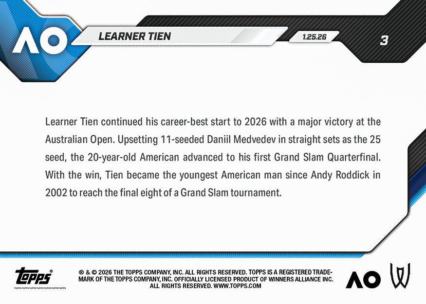 Learner Tien RC - 2026 Tennis Topps NOW® #3 Australian Open 八強新人卡｜PR 881