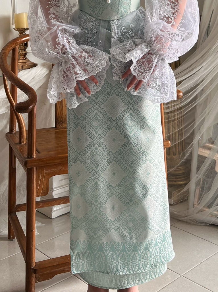 Songket Underbust Corset and Pareo Skirt in Mint Green with Angel Blouse in True White