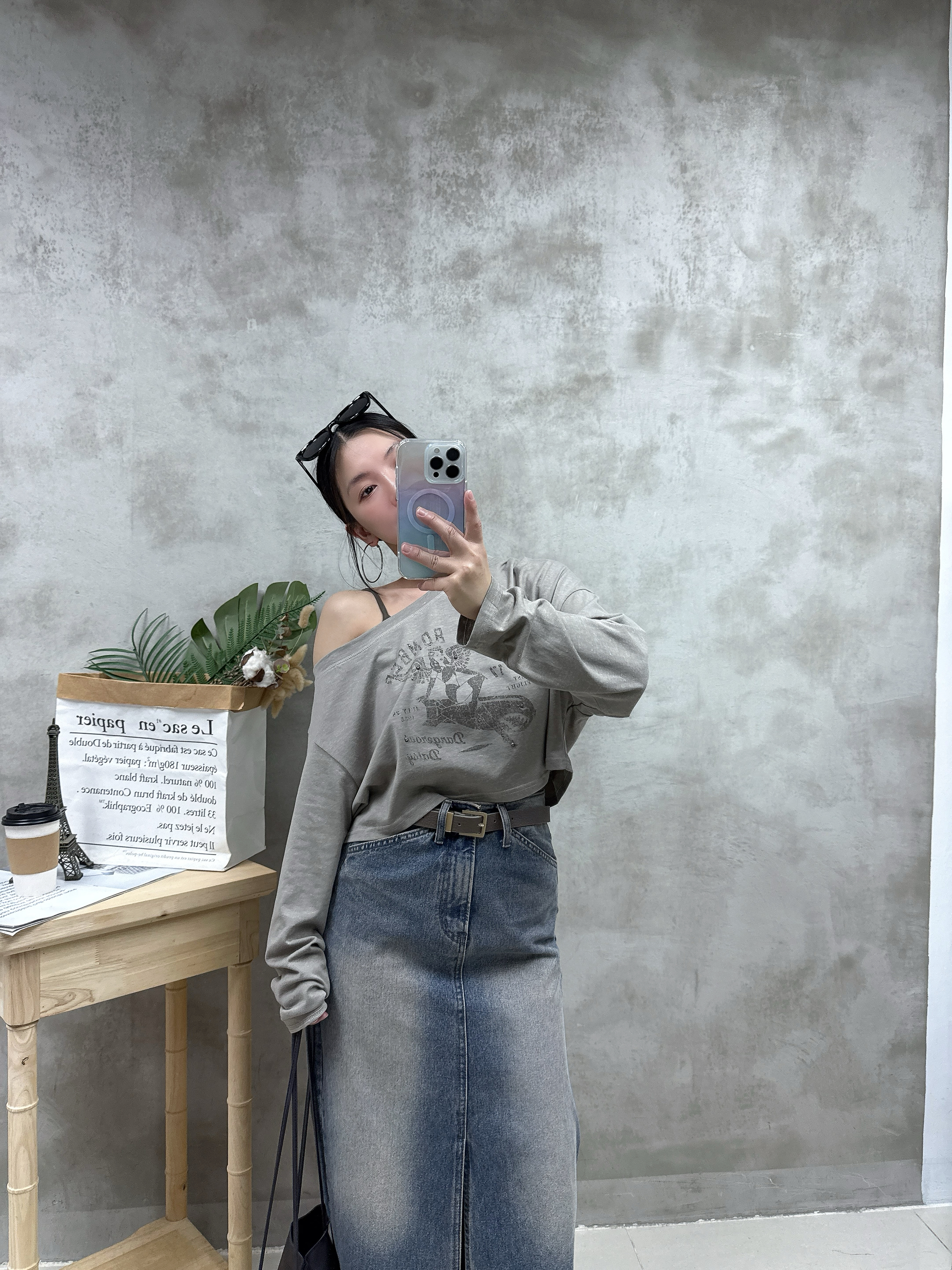 背心+單邊露膊print Tee