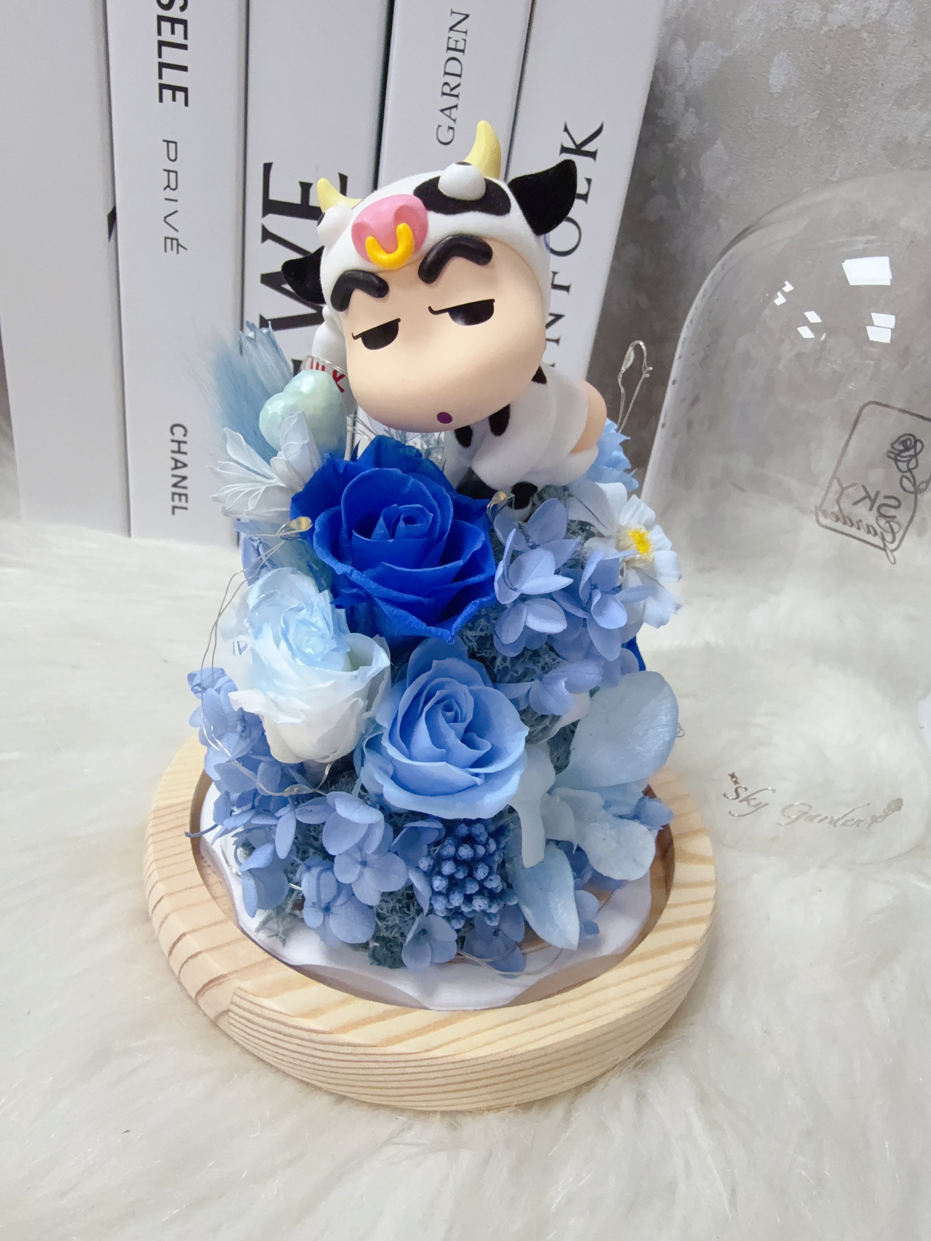 牛牛小新屁屁藍色永生花玻璃罩