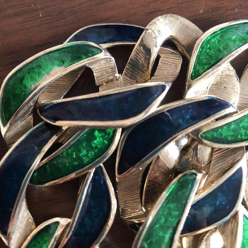 C.a. 1980s Designer StyleTwo Tone Green Enamel Statement Necklace and Pierce Earrings Set(MT1851-3)