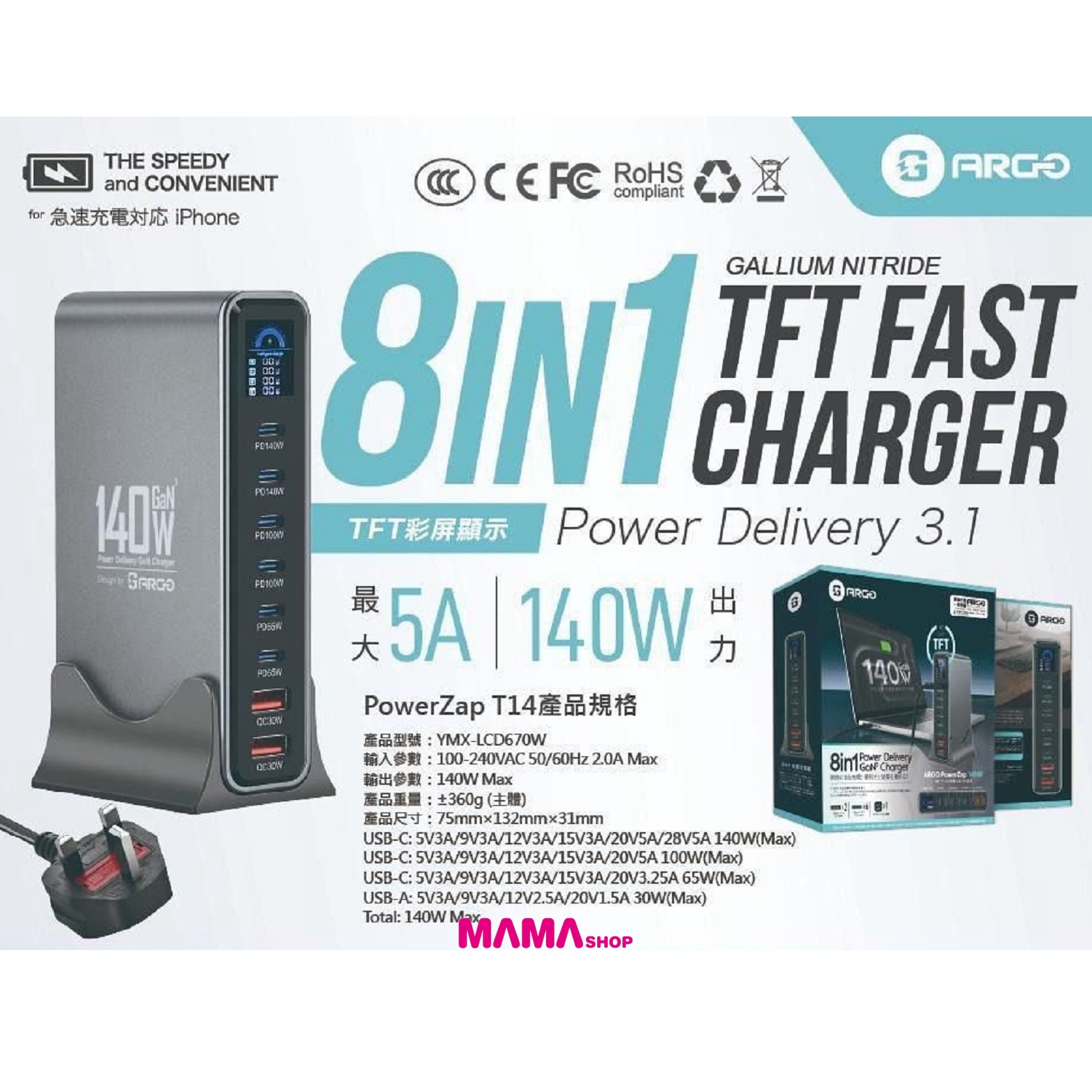 ARGO PowerZap T14 140W 超薄 GaN 充電器 💼