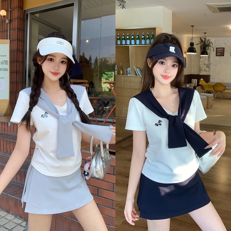 B168(36902) 韩版矮脚马刺绣上衣与撞色披肩与边开角短裙深浅蓝三件套套装