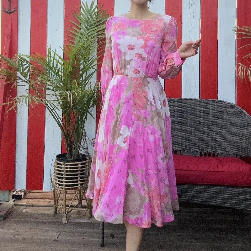 Vintage Artistic Ink Painting Floral Art Pattern Long Sleeve Light-weight Dress(MT1625)