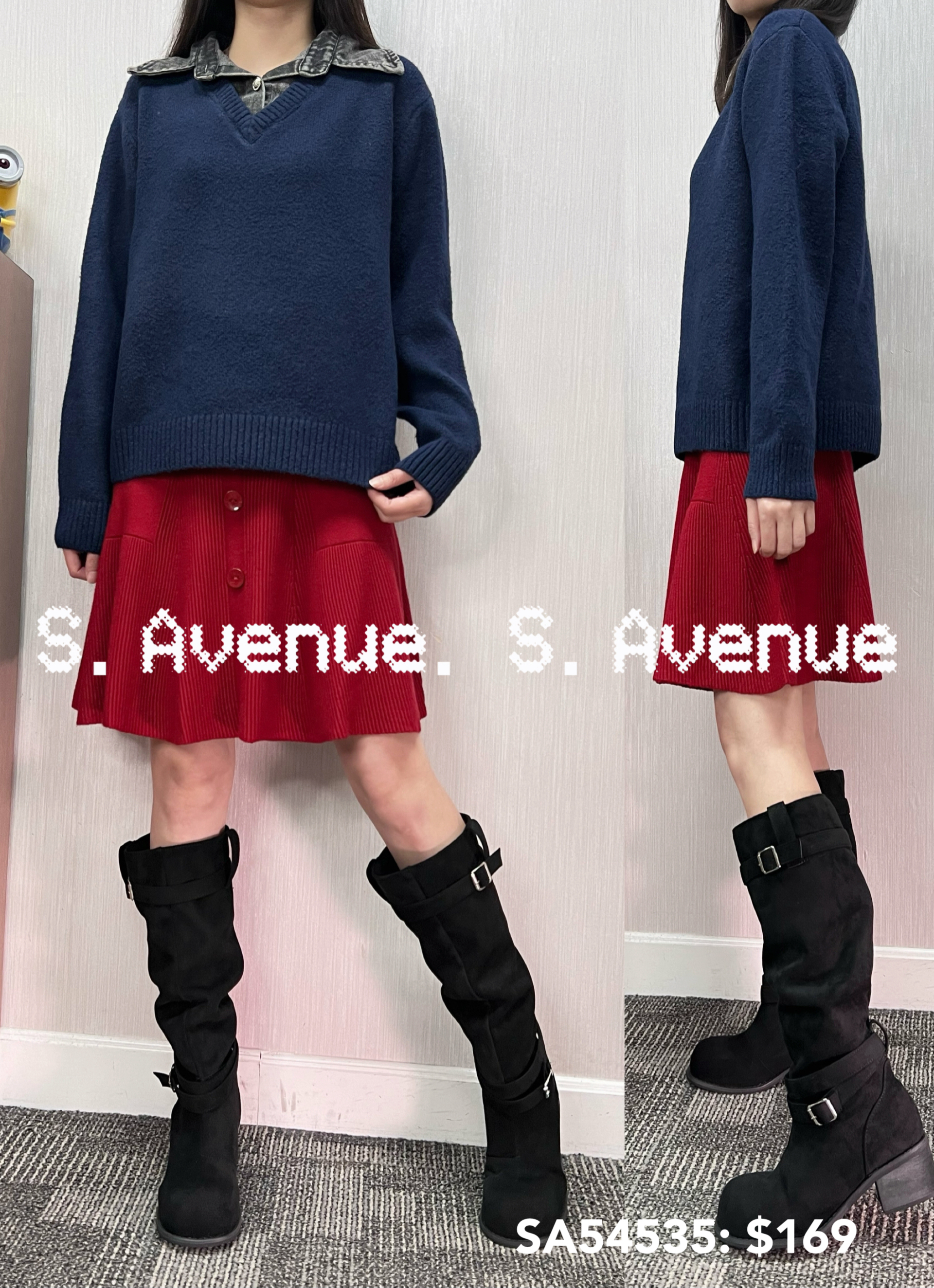 SA54535: 長袖牛仔領假兩件冷top