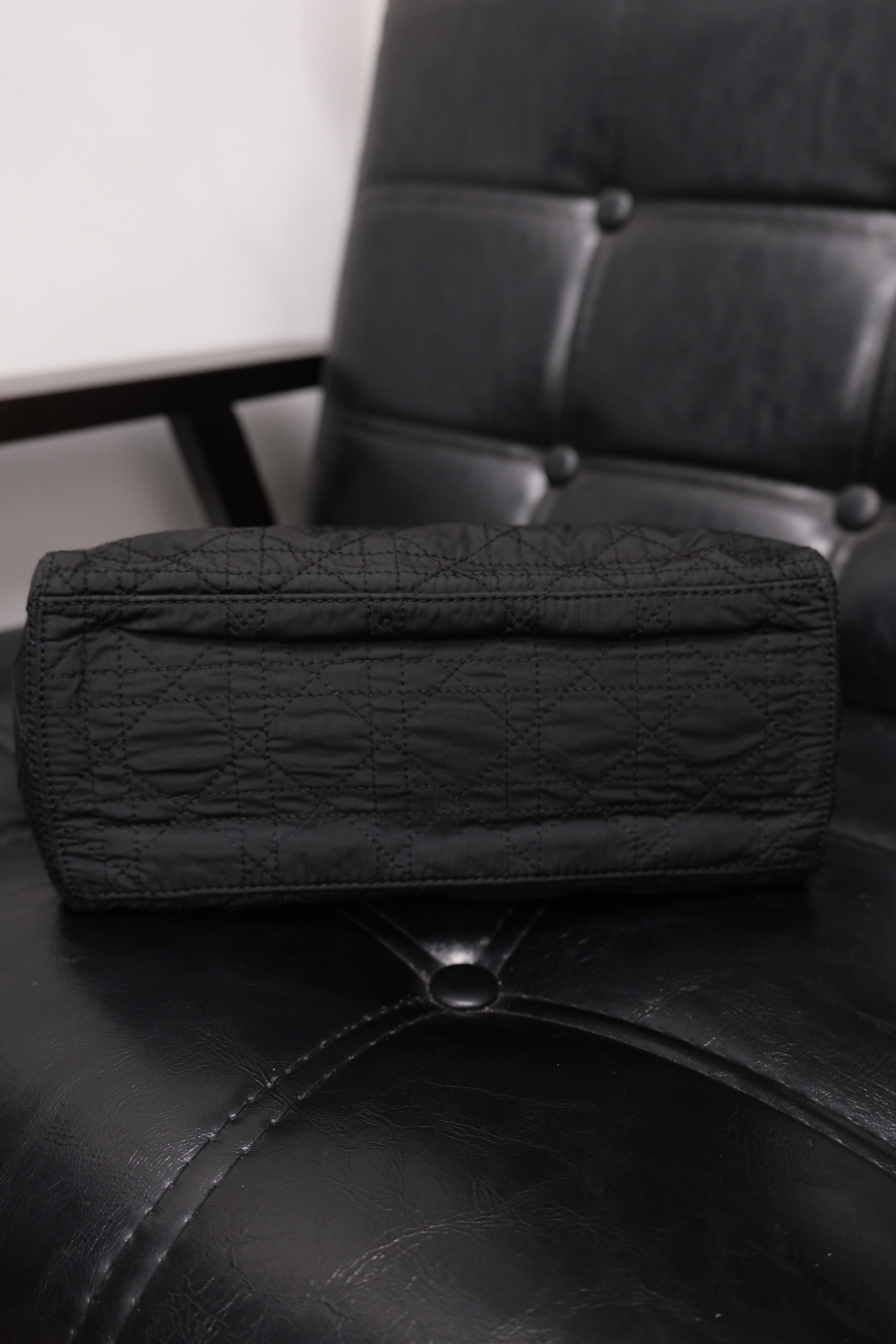 Dior Lady Dior Cannage Nylon Hand Bag Black Gold