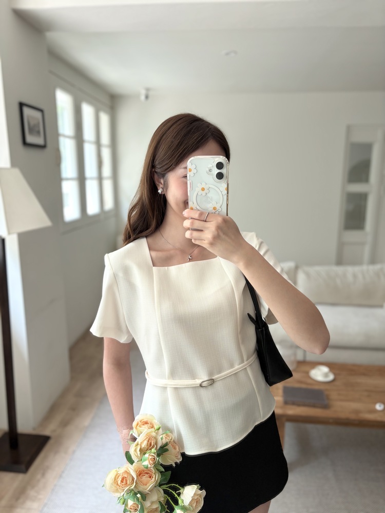 Square Neck Belted Blouse (Ivory)
